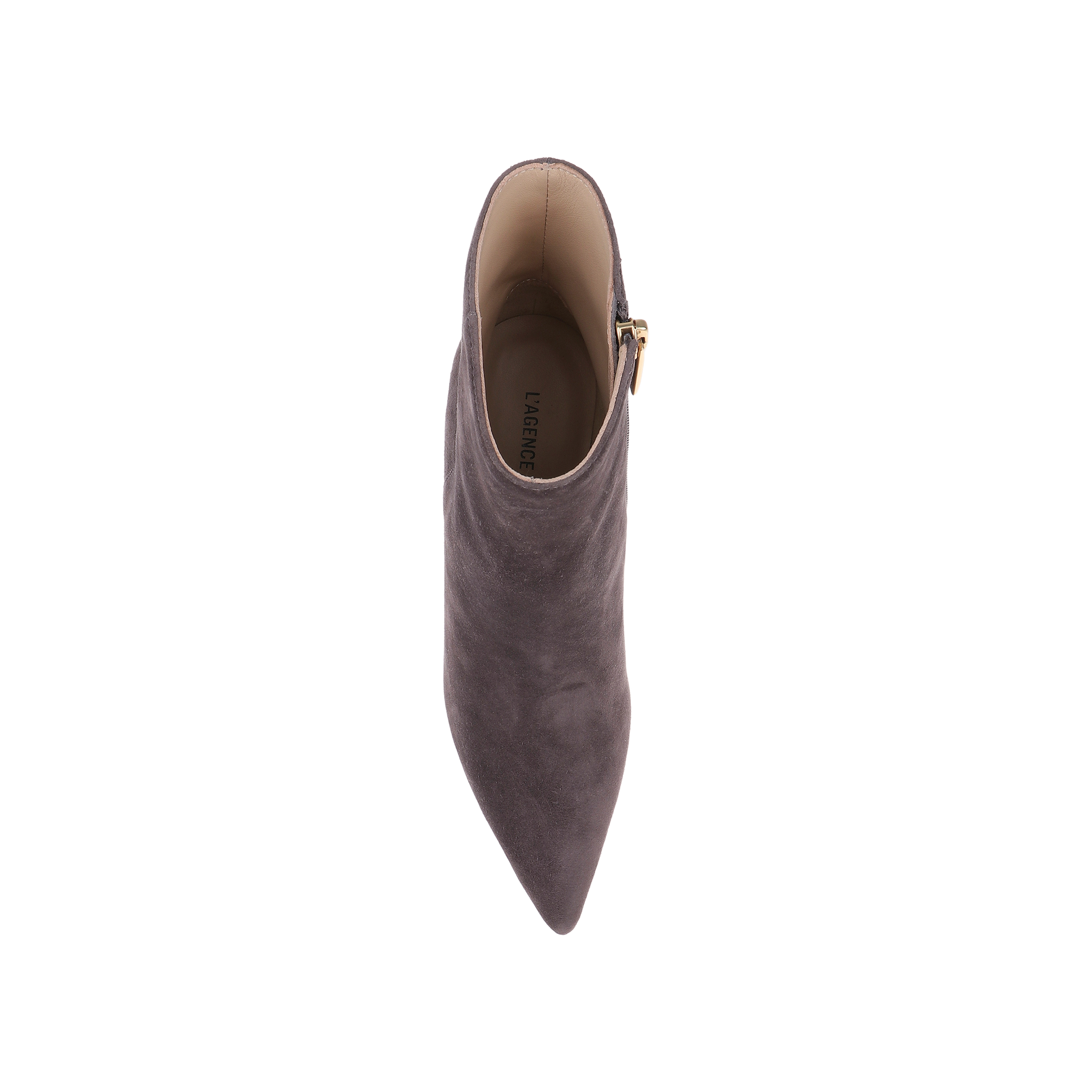 Top view of a single Houston Bootie in gray suede, featuring a pointed toe and a side zipper, displayed on a plain white background.