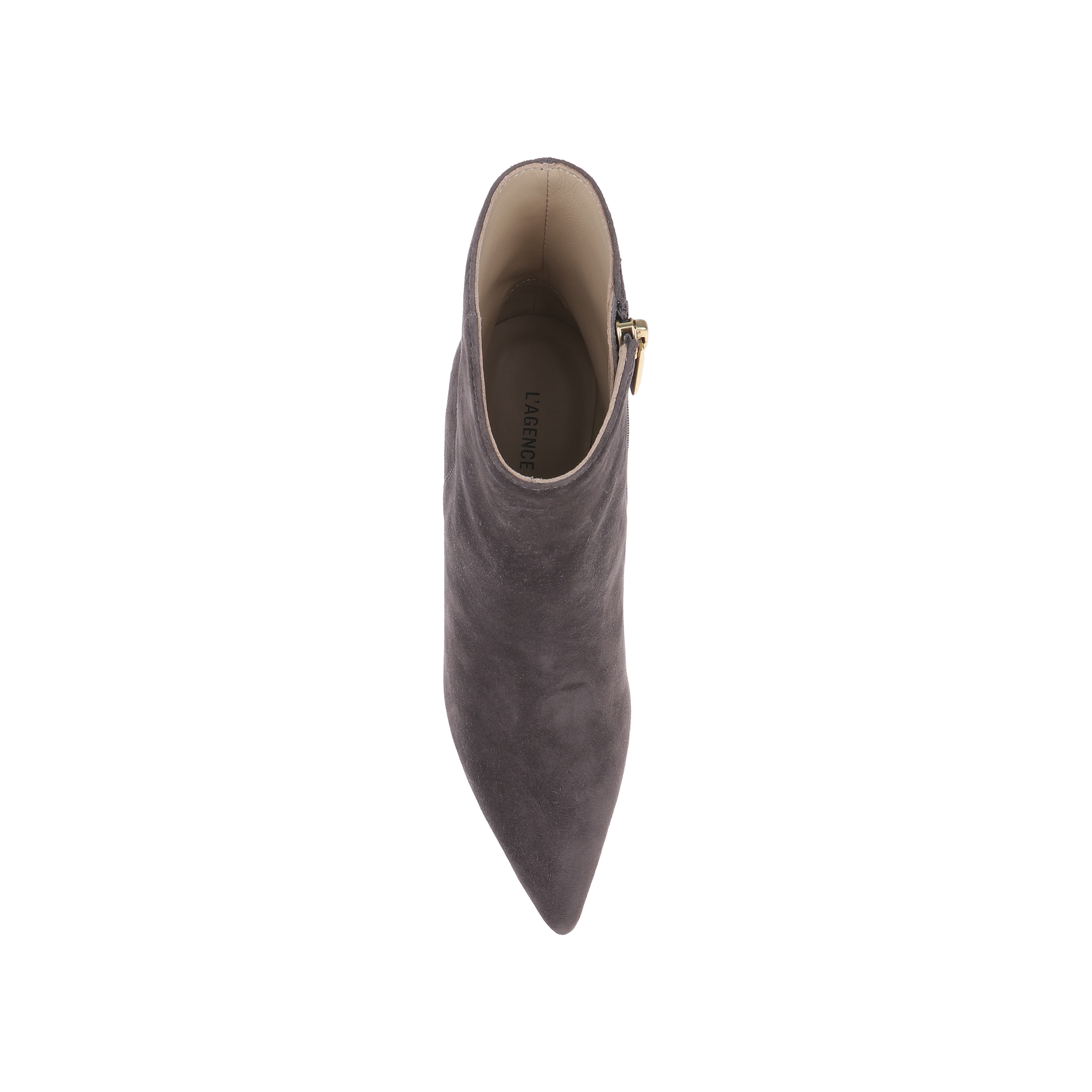Top view of a single Houston Bootie in gray suede, featuring a pointed toe and a side zipper, displayed on a plain white background.