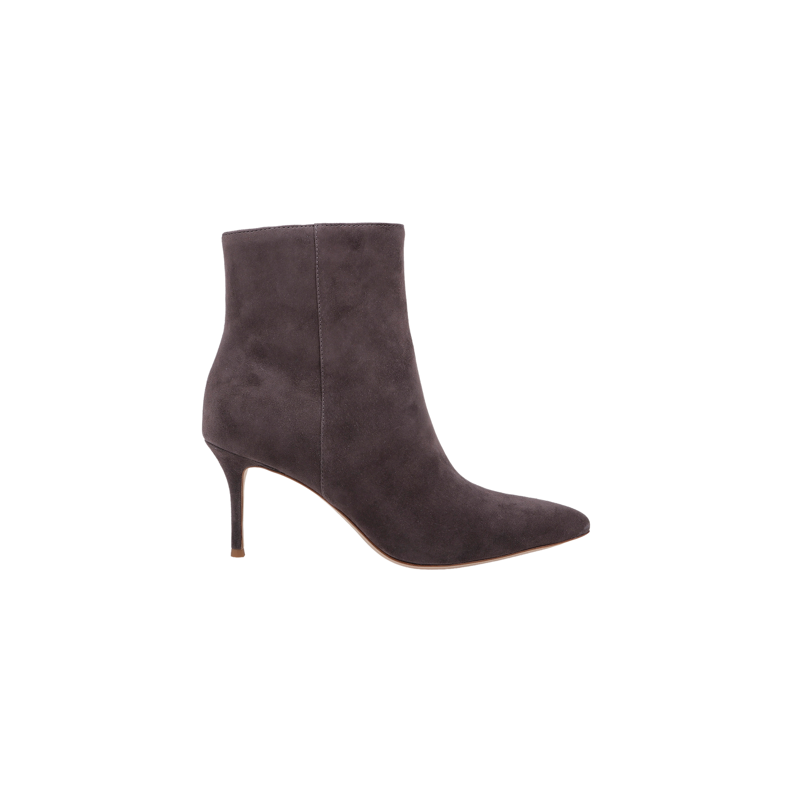 The Houston Bootie is a dark gray suede ankle boot with a pointed toe and a slim, high heel, shown in profile against a plain white background; this sleek heeled bootie offers modern elegance.