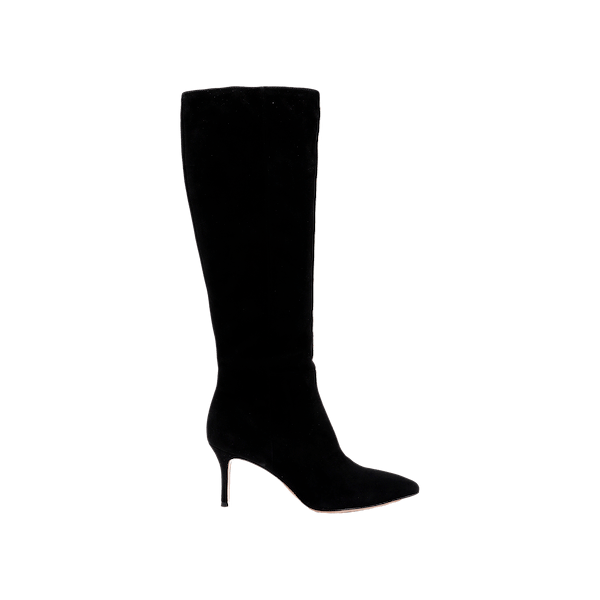 The Herald Boot is a black suede knee-high boot featuring a pointed toe and a thin stiletto heel, displayed in profile against a plain white background.