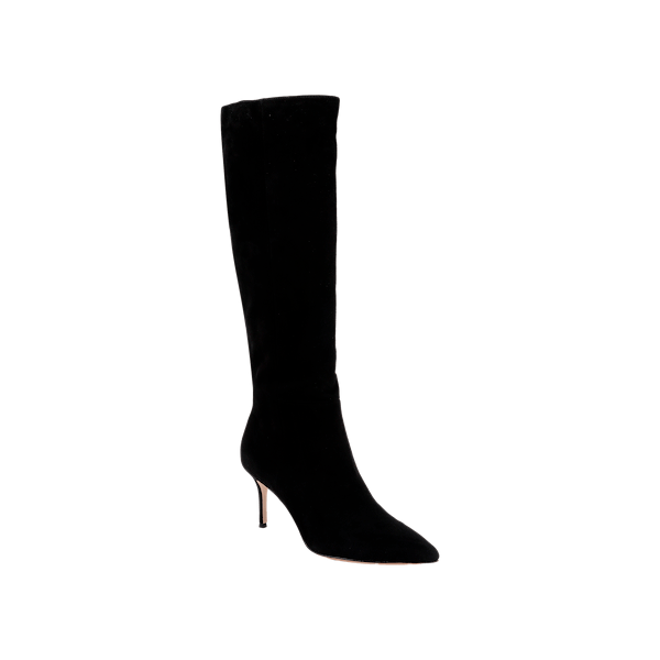 The Herald Boot is a single black suede knee-high boot featuring a pointed toe and a slim stiletto heel, displayed against a plain white background.