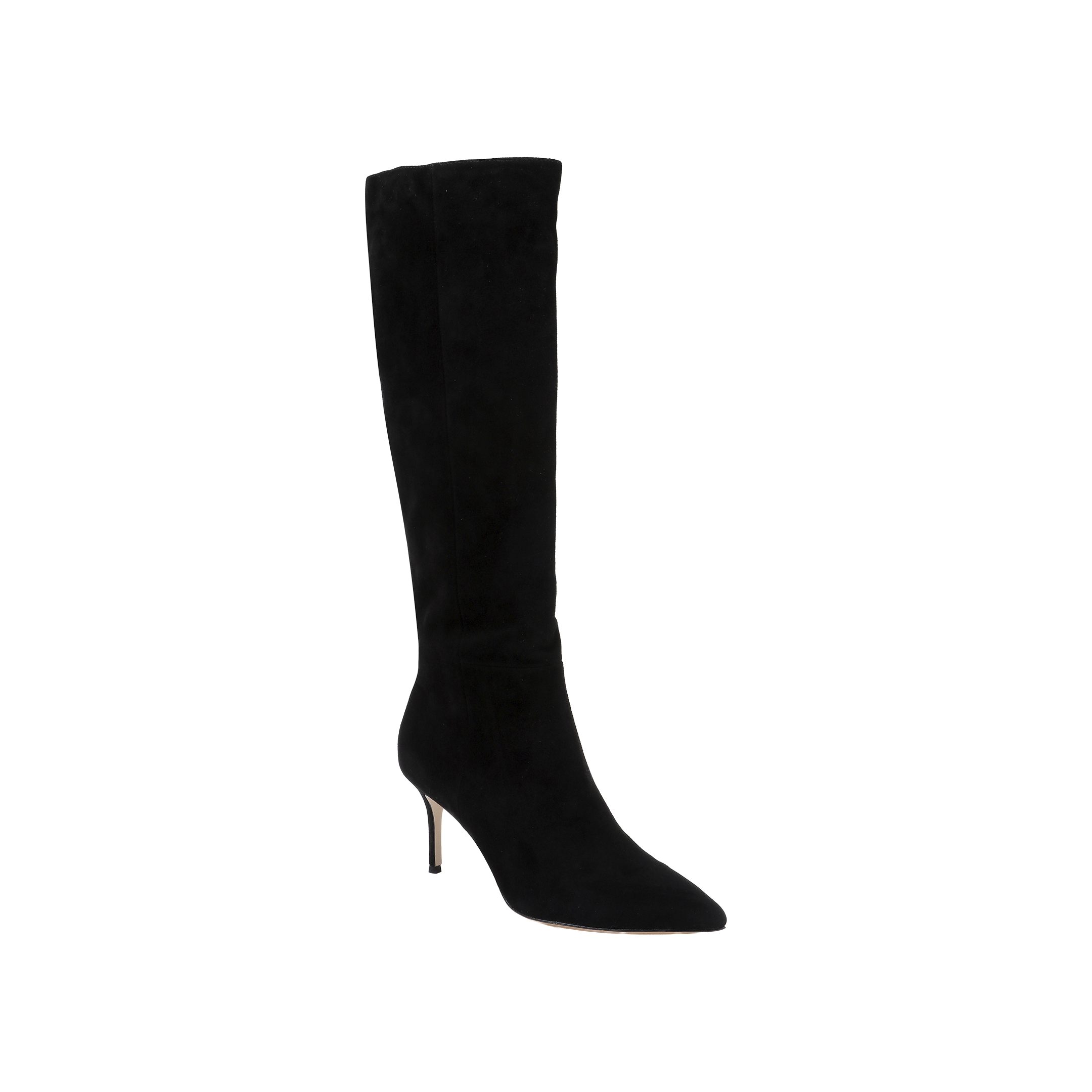 The Herald Boot is a black suede knee-high style featuring a pointed toe and a slender stiletto heel, showcased against a plain white background.