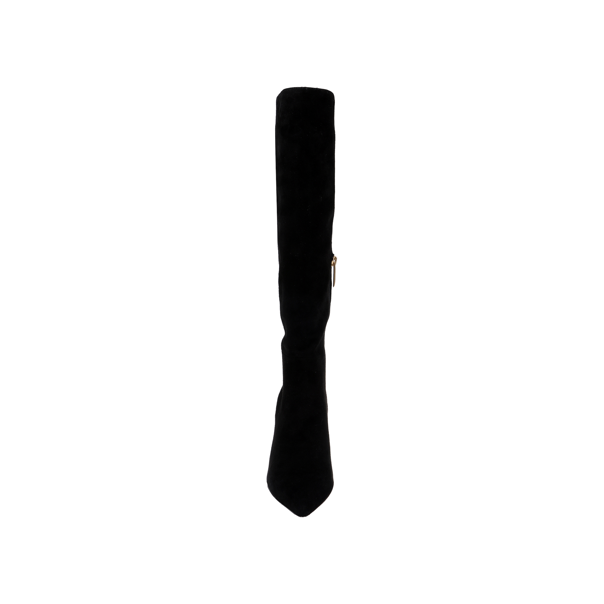 The Herald Boot, a single black suede knee-high boot featuring a pointed toe, stiletto heel, and a side zipper, is displayed upright against a plain white background.