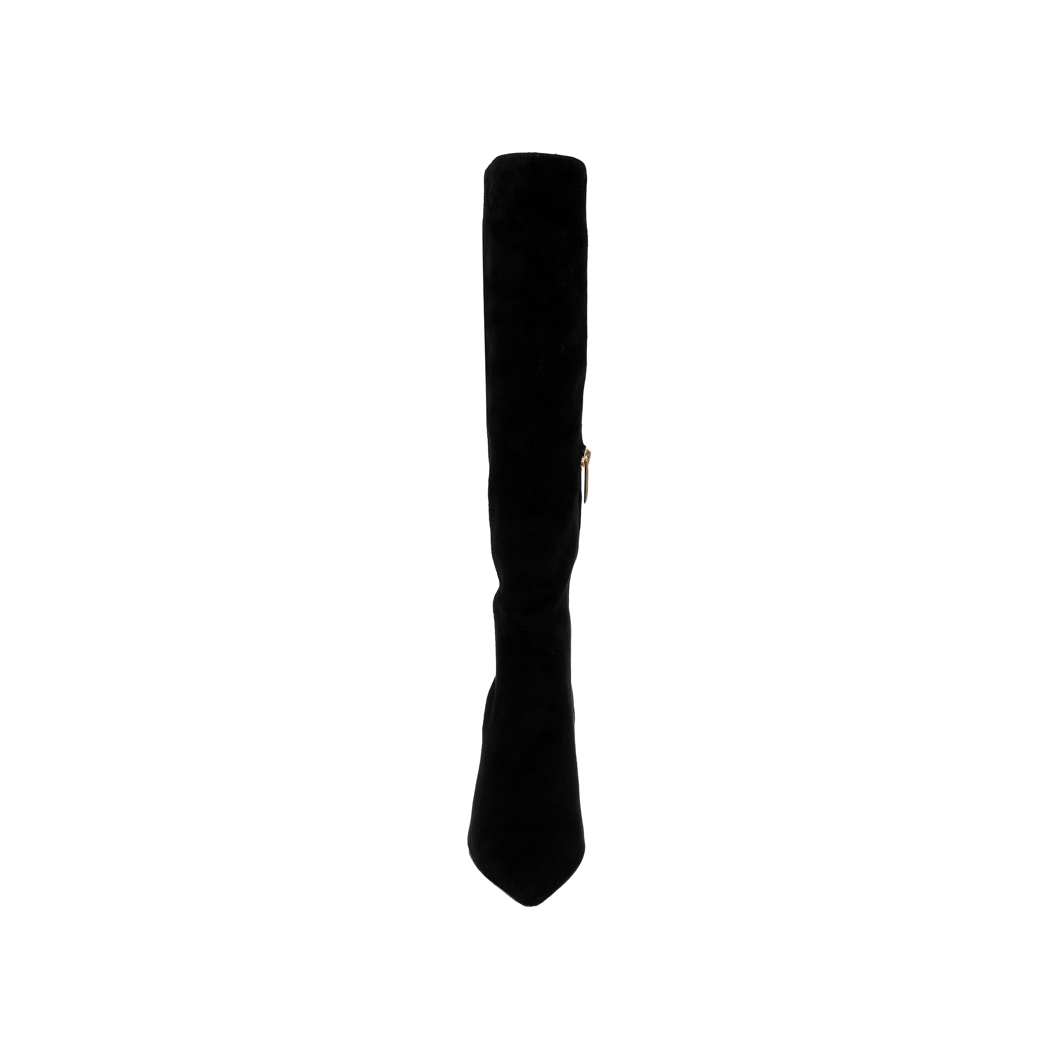 The Herald Boot, a single black suede knee-high boot featuring a pointed toe, stiletto heel, and a side zipper, is displayed upright against a plain white background.