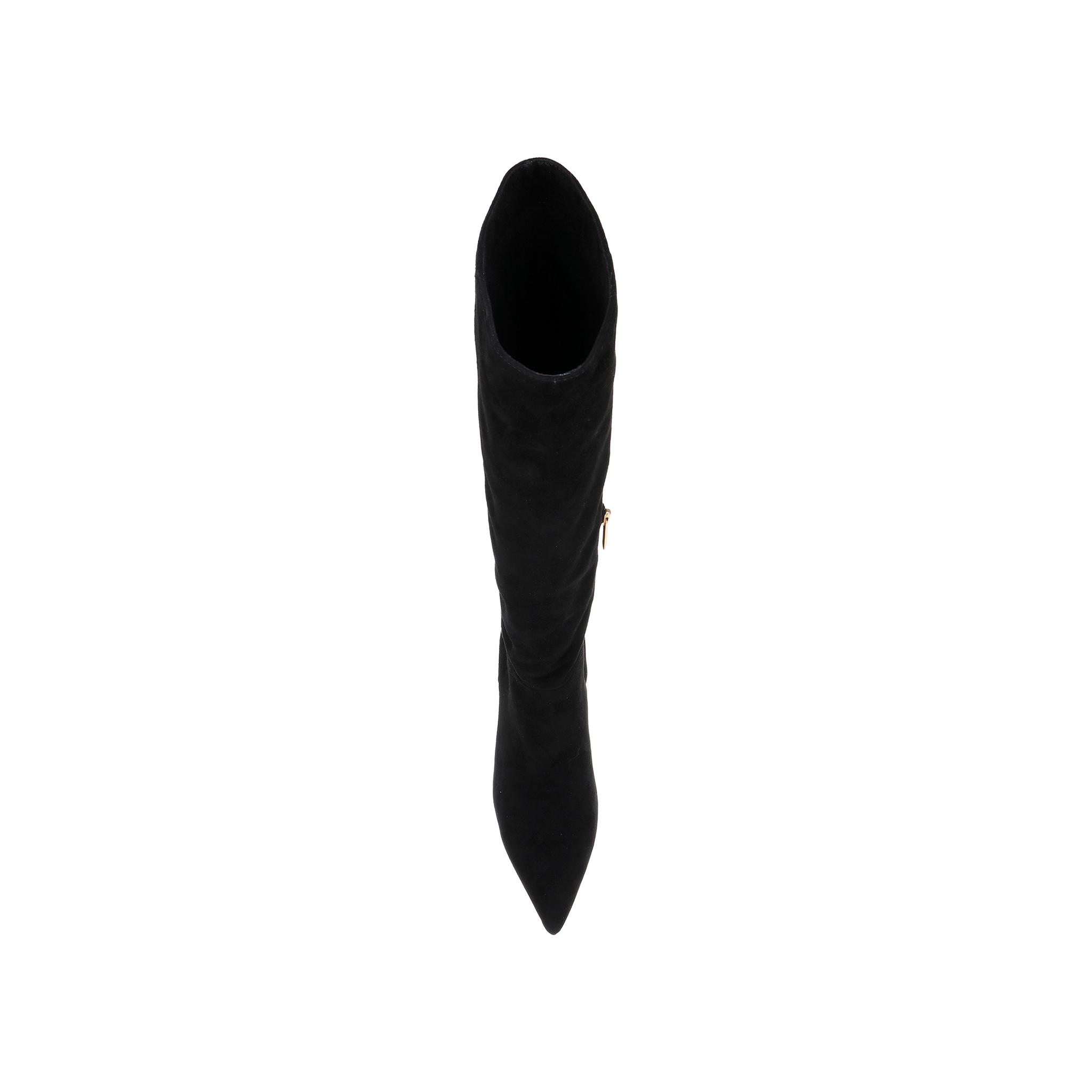The Herald Boot, a black suede knee-high style featuring a pointed toe and stiletto heel, is pictured from above against a plain white background.