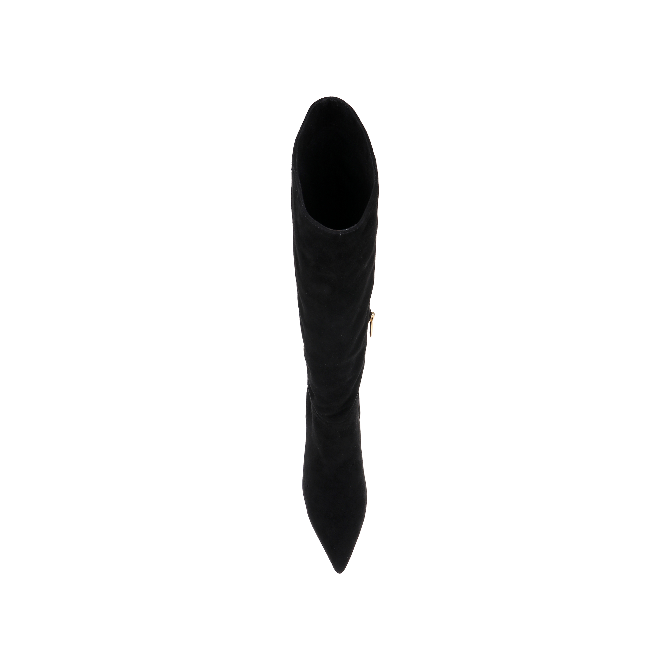 The Herald Boot, a black suede knee-high style featuring a pointed toe and stiletto heel, is pictured from above against a plain white background.