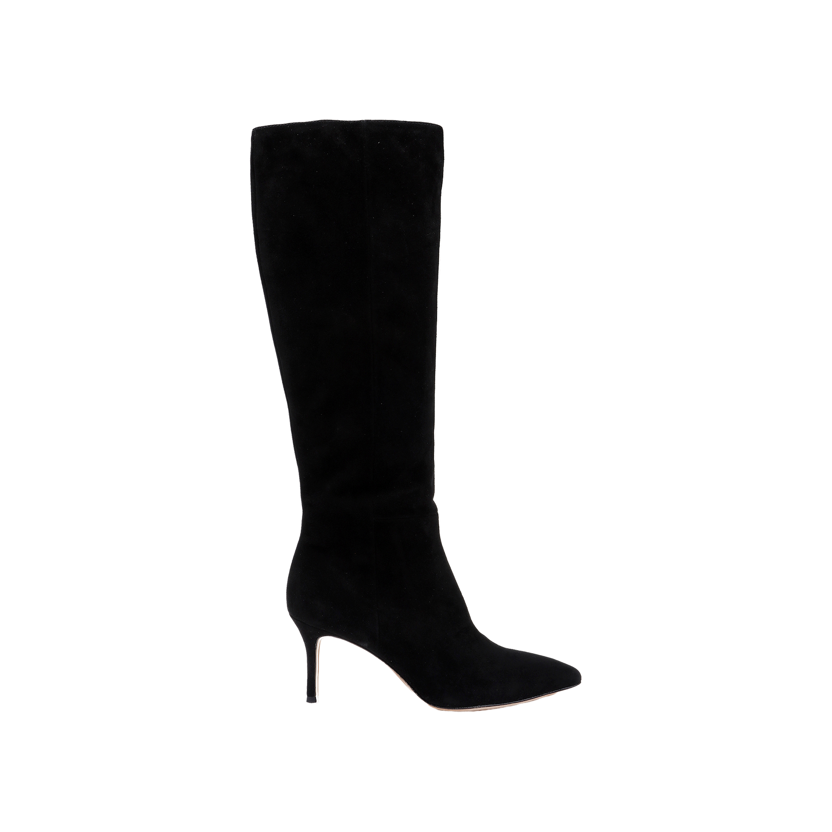 The Herald Boot, a single black suede knee-high design featuring a pointed toe and high stiletto heel, is elegantly displayed on a plain white background, highlighting the luxurious texture characteristic of black suede boots.