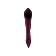 Top view of a single Herald Boot, featuring tall burgundy suede, a pointed toe, and stiletto heel, displayed on a plain white background.