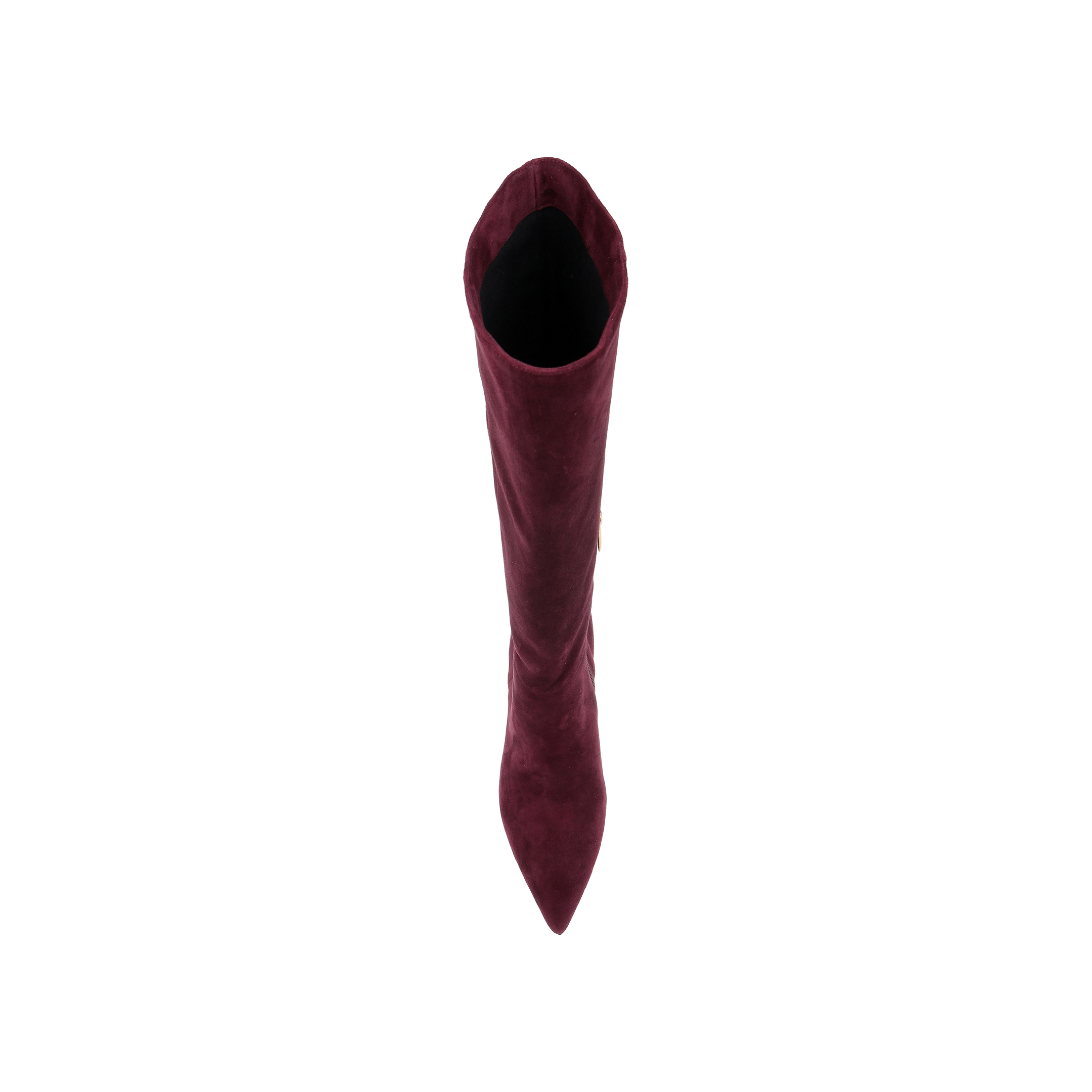Top view of a single Herald Boot, featuring tall burgundy suede, a pointed toe, and stiletto heel, displayed on a plain white background.