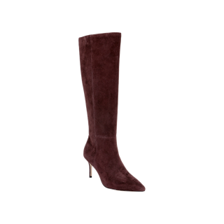 The Herald Boot is a single knee-high, pointed-toe heeled boot in dark burgundy suede, featuring a slender stiletto heel and displayed on a plain white background.