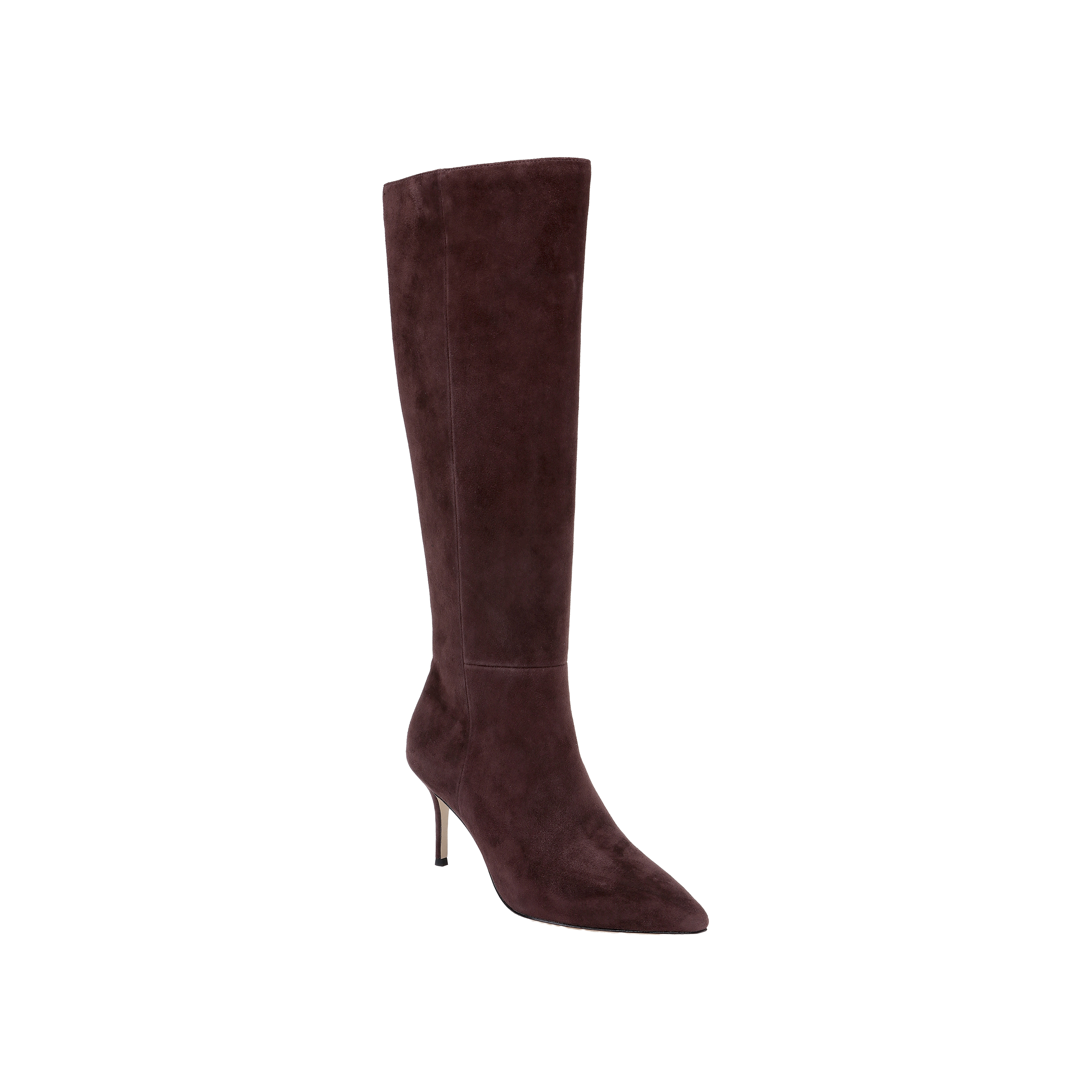 The Herald Boot is a single knee-high, pointed-toe heeled boot in dark burgundy suede, featuring a slender stiletto heel and displayed on a plain white background.