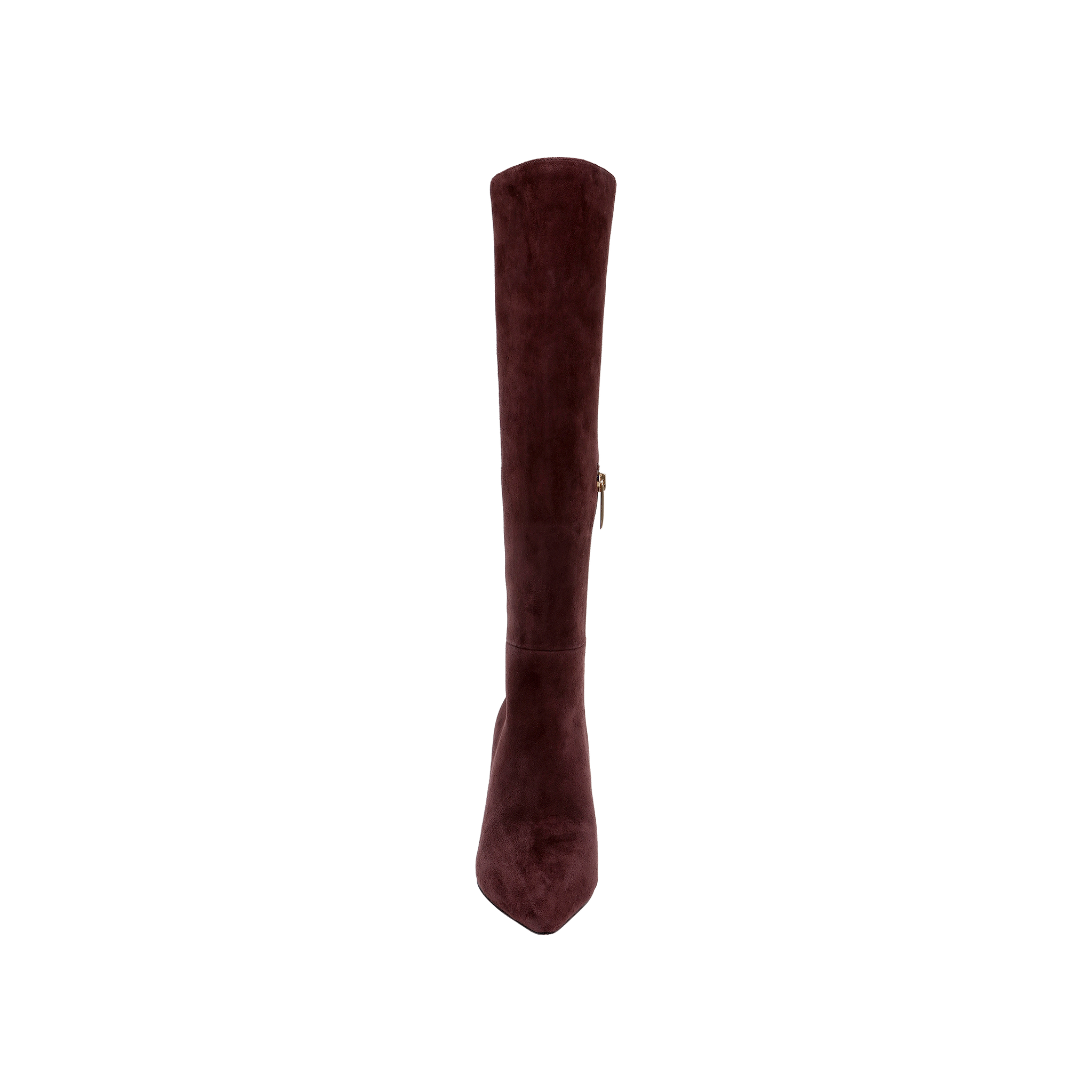 The Herald Boot is a single knee-high boot in mahogany brown suede, featuring a pointed toe, stiletto heel, and a side zipper, displayed upright against a plain white background.