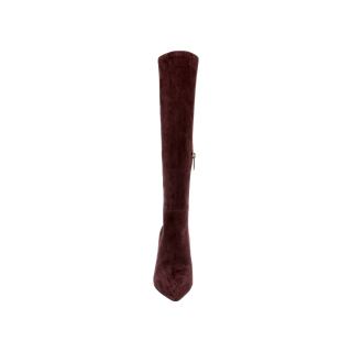 The Herald Boot is a single knee-high boot in mahogany brown suede, featuring a pointed toe, stiletto heel, and a side zipper, displayed upright against a plain white background.