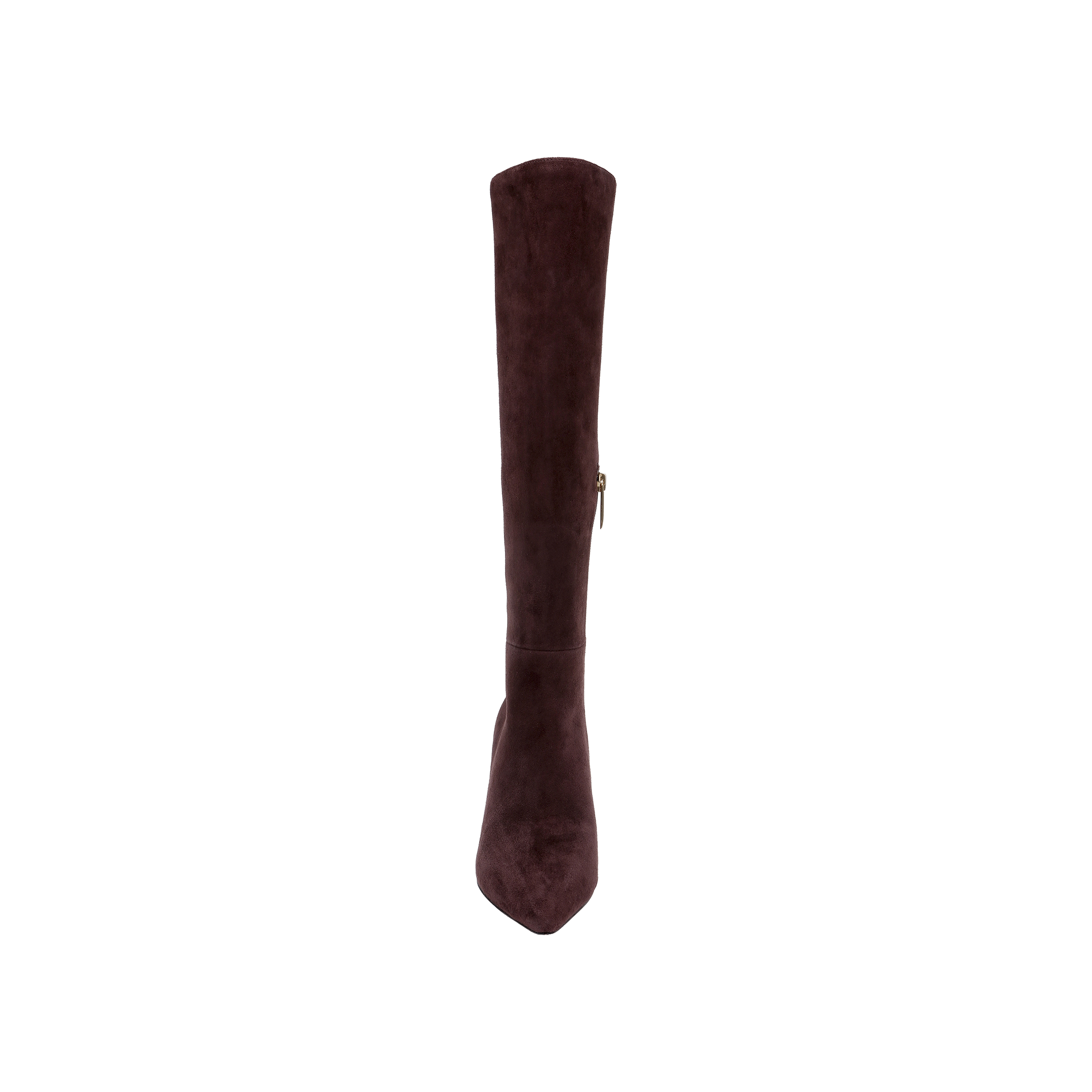 The Herald Boot is a single knee-high boot in mahogany brown suede, featuring a pointed toe, stiletto heel, and a side zipper, displayed upright against a plain white background.