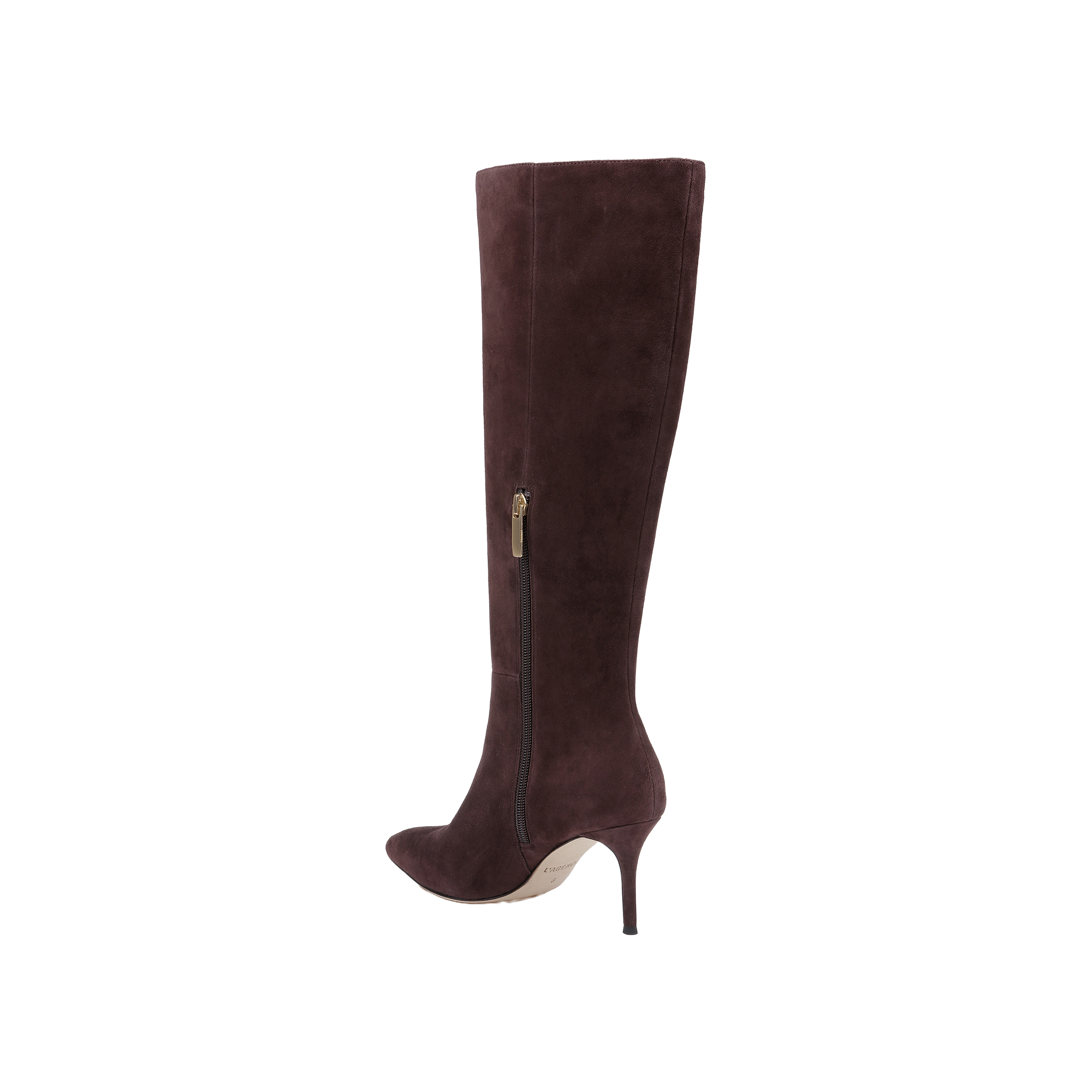 The Herald Boot is a single mahogany brown suede knee-high boot featuring a pointed toe, stiletto heel, and a convenient side zipper, shown on a white background.
