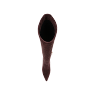 Top view of a single Herald Boot in mahogany brown suede, featuring a pointed toe and stiletto heel, photographed against a plain white background.