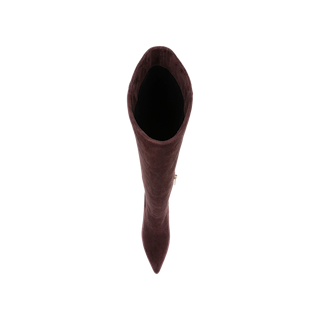 Top view of a single Herald Boot in mahogany brown suede, featuring a pointed toe and stiletto heel, photographed against a plain white background.