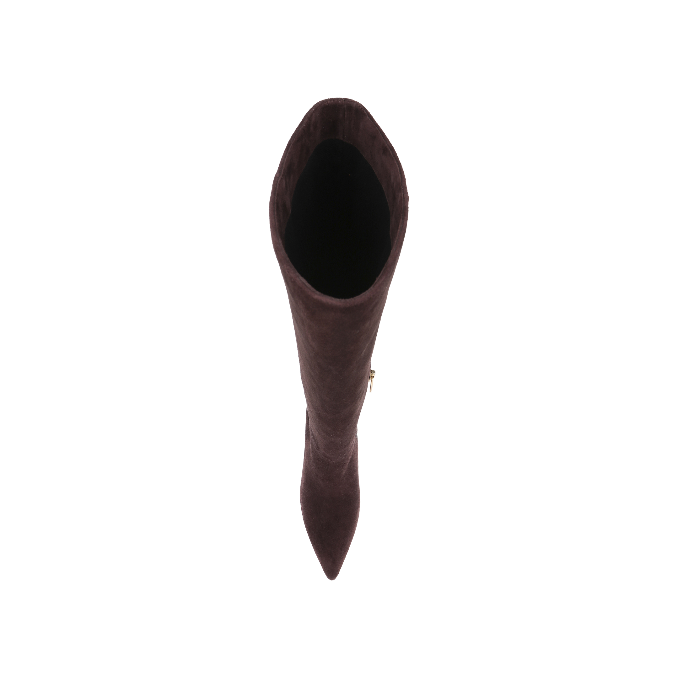 Top view of a single Herald Boot in mahogany brown suede, featuring a pointed toe and stiletto heel, photographed against a plain white background.