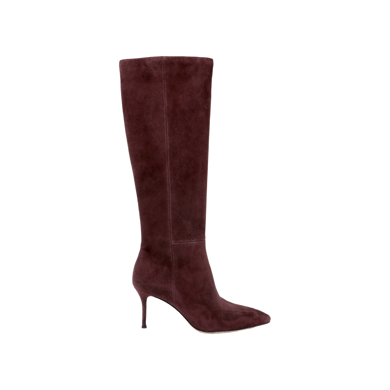 The Herald Boot, a single knee-high burgundy suede style featuring a pointed toe and slender stiletto heel, is showcased against a plain white background.
