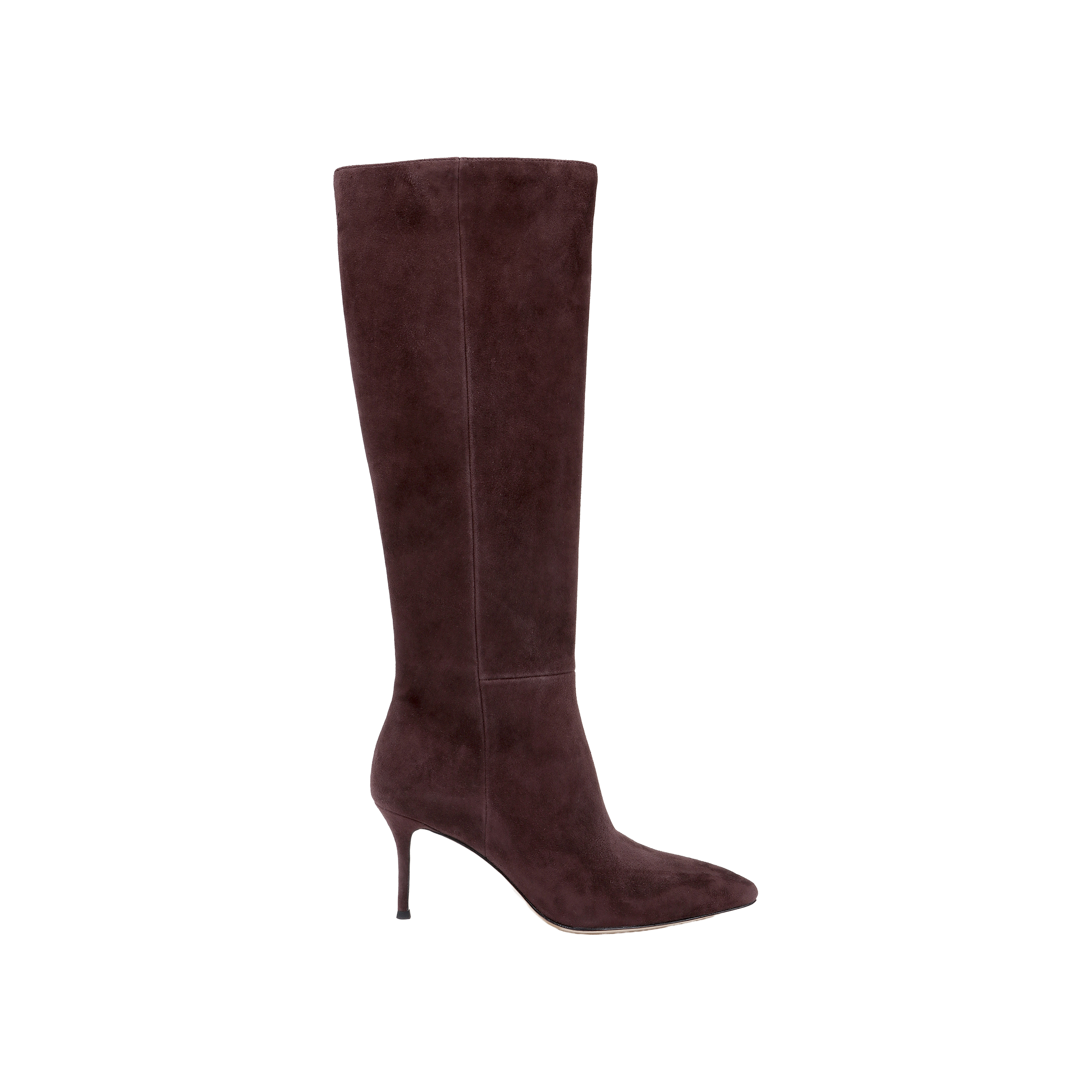 The Herald Boot, a single knee-high burgundy suede style featuring a pointed toe and slender stiletto heel, is showcased against a plain white background.