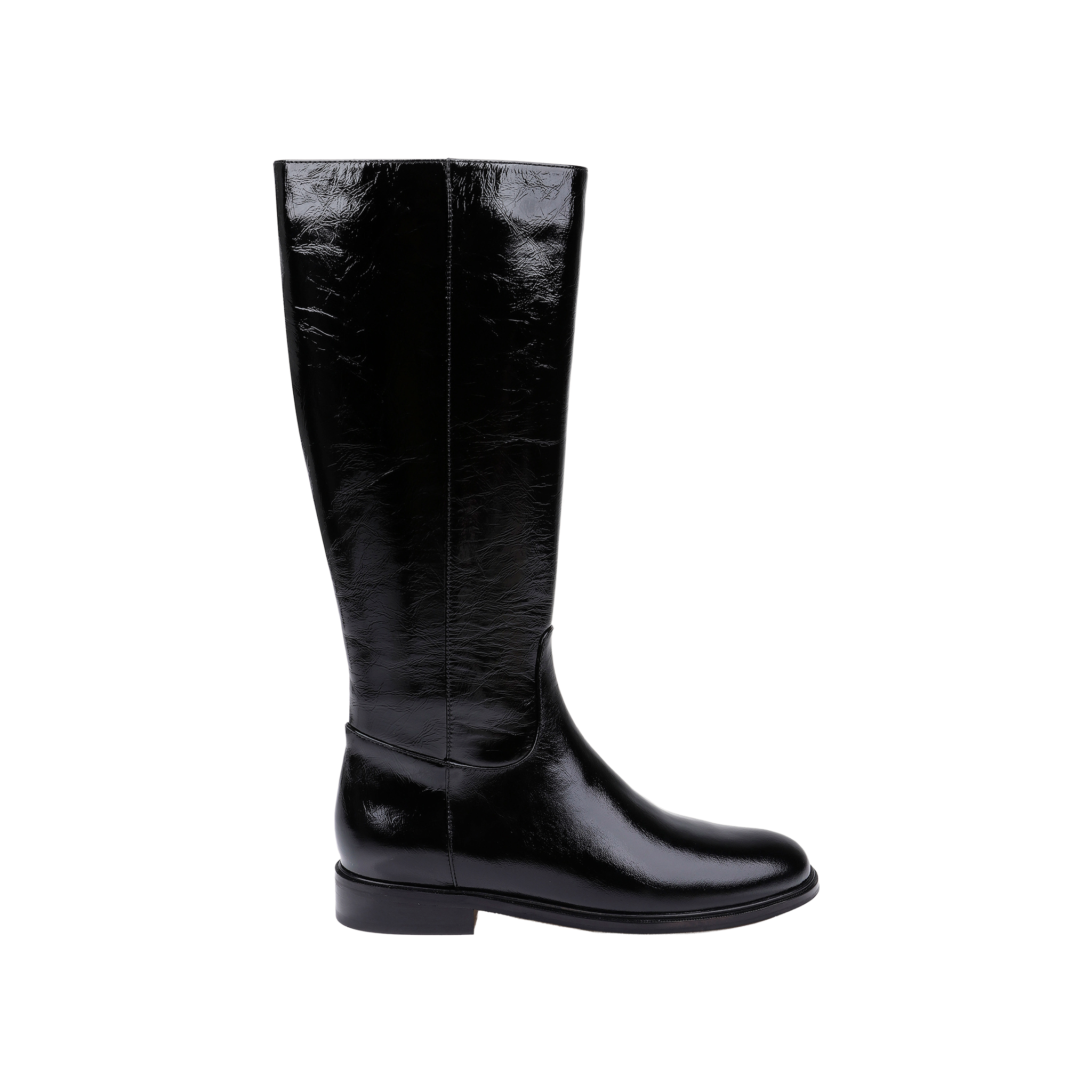 The Cortland Boot, a single black patent leather knee-high boot featuring a slight heel and a smooth, shiny finish, is displayed in side profile against a plain white background.