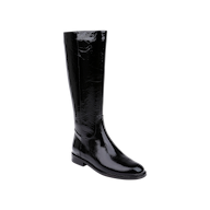 The Cortland Boot, a single shiny black patent leather knee-high boot with a low heel, is displayed on a plain white background.