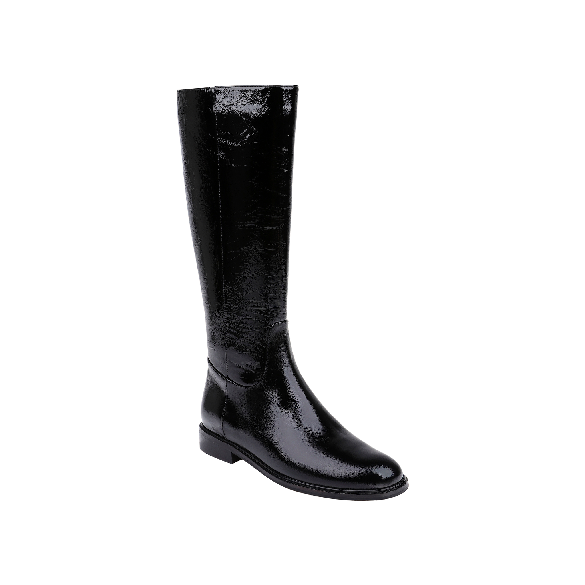 The Cortland Boot, a single shiny black patent leather knee-high boot with a low heel, is displayed on a plain white background.