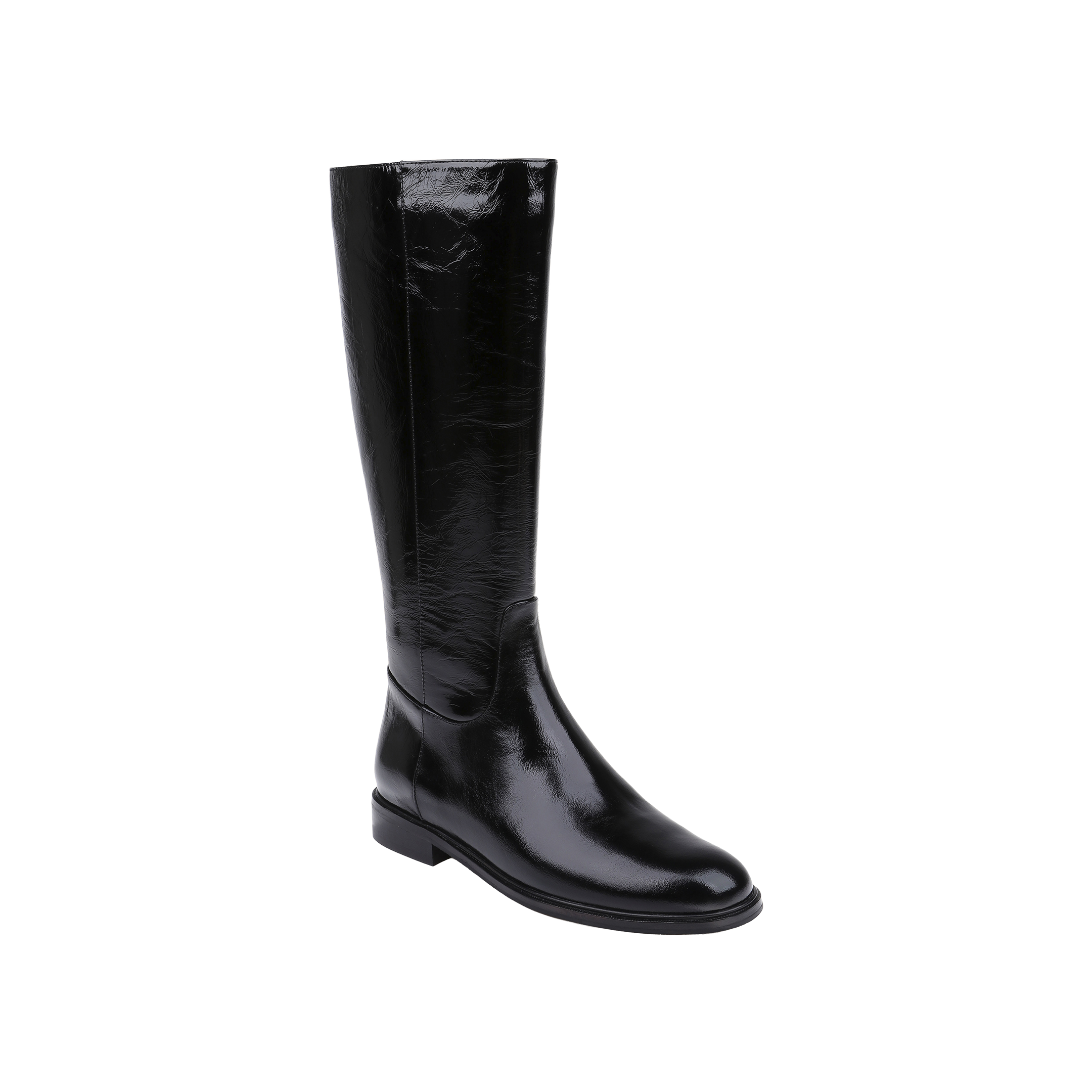The Cortland Boot, a single shiny black patent leather knee-high boot with a low heel, is displayed on a plain white background.