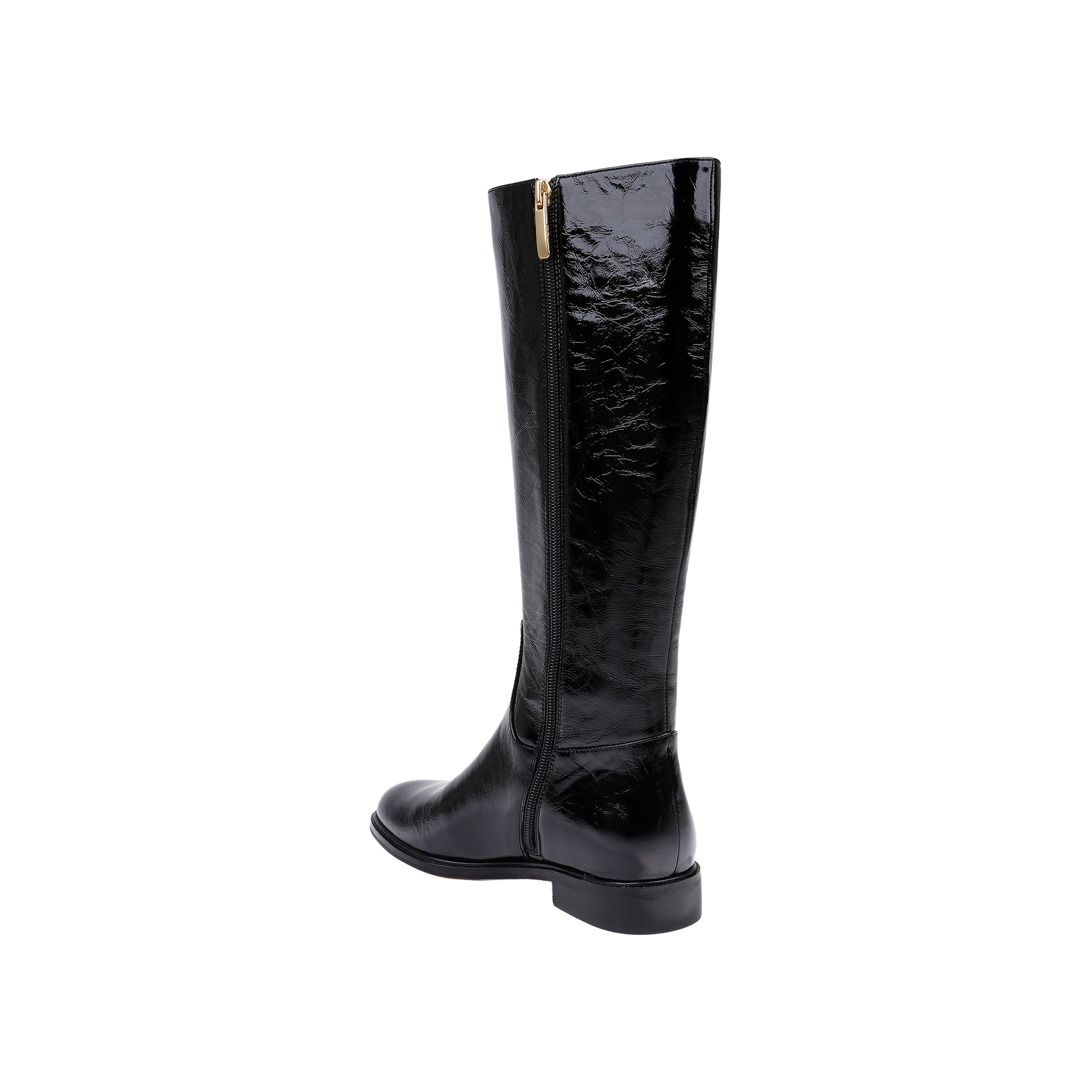 The Cortland Boot is a tall, black patent leather knee-high boot featuring a side zipper and low heel, displayed at an angle against a plain white background.