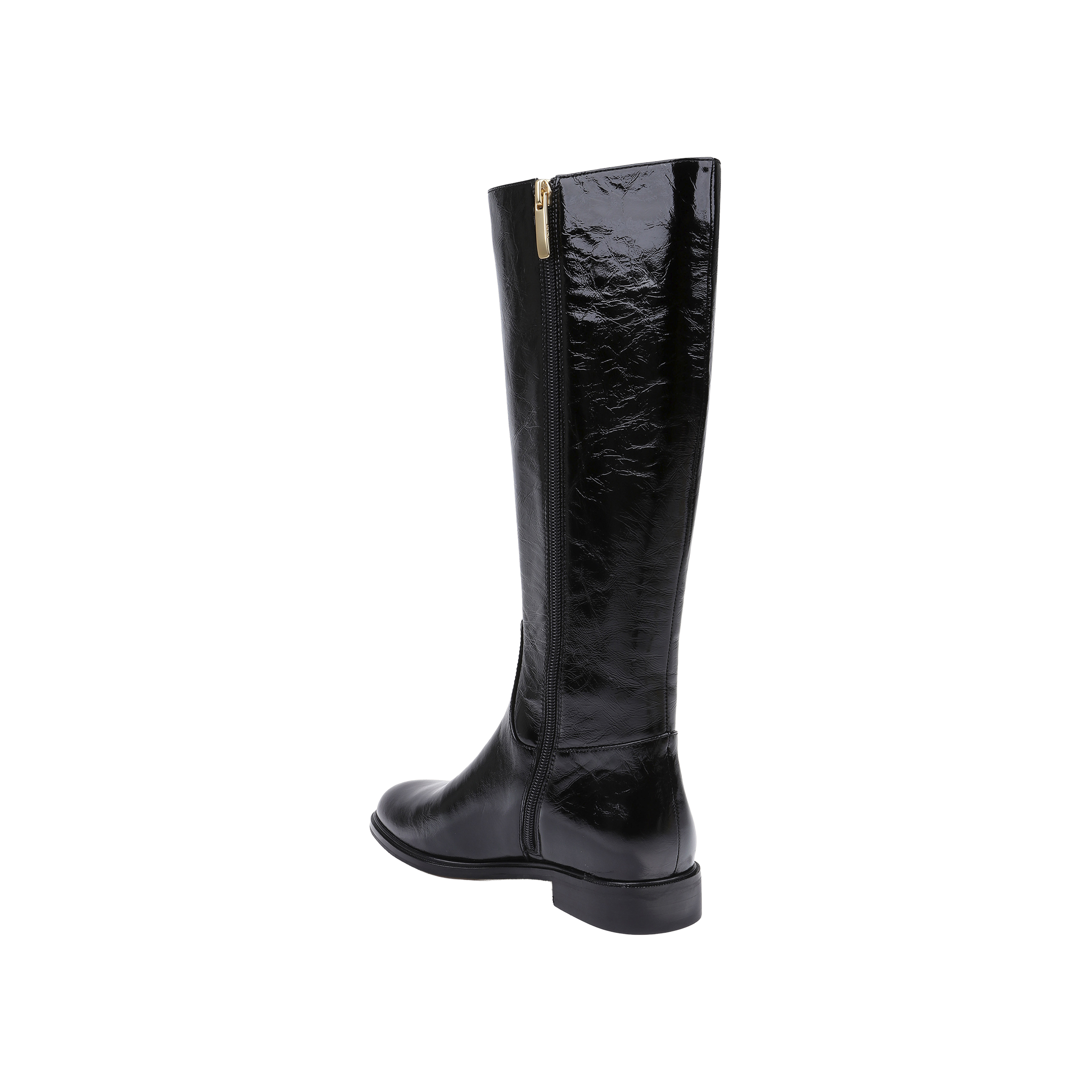The Cortland Boot is a tall, black patent leather knee-high boot featuring a side zipper and low heel, displayed at an angle against a plain white background.