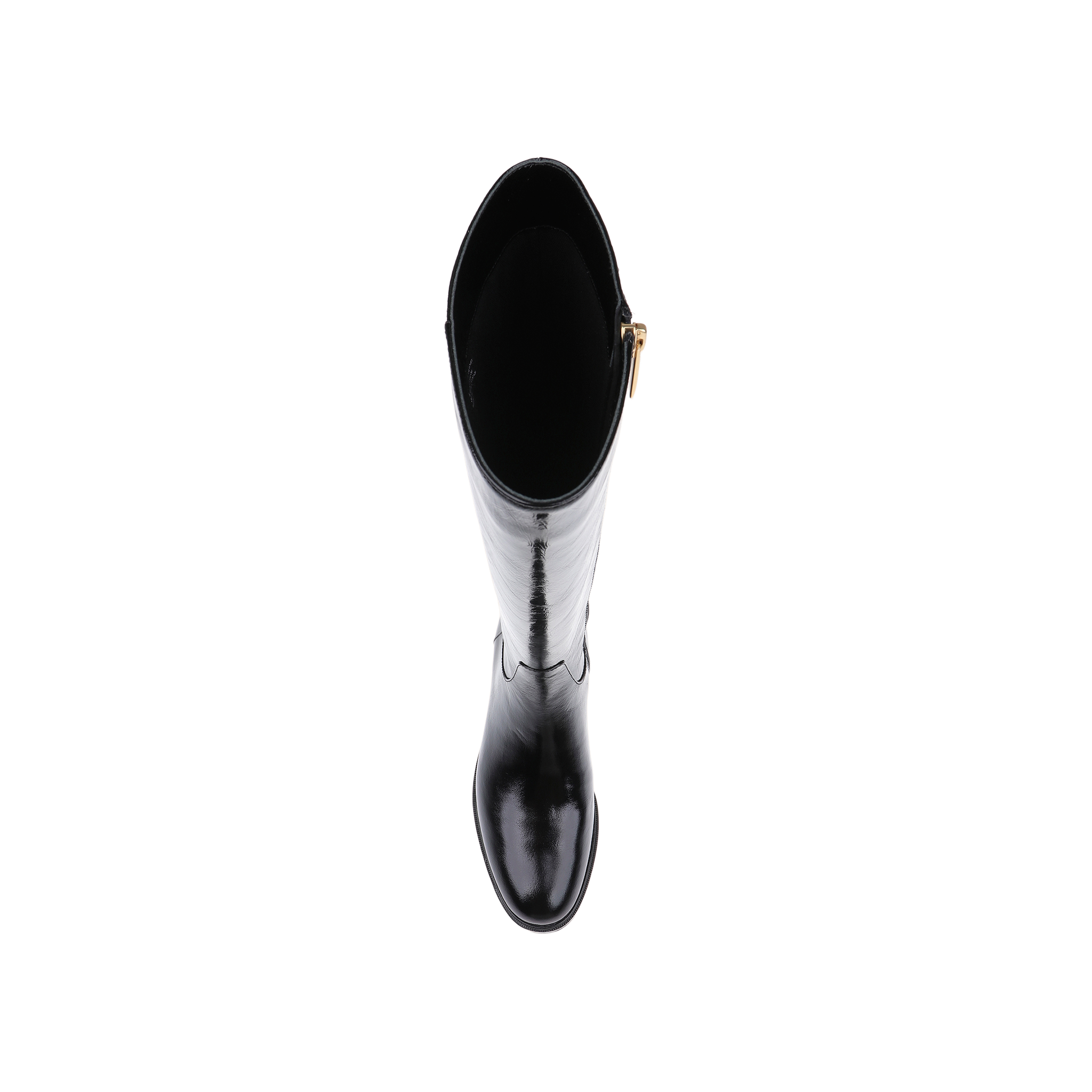 A top view of the Cortland Boot, a black patent leather knee-high style featuring a slightly pointed toe and a gold side zipper, set against a plain white background.