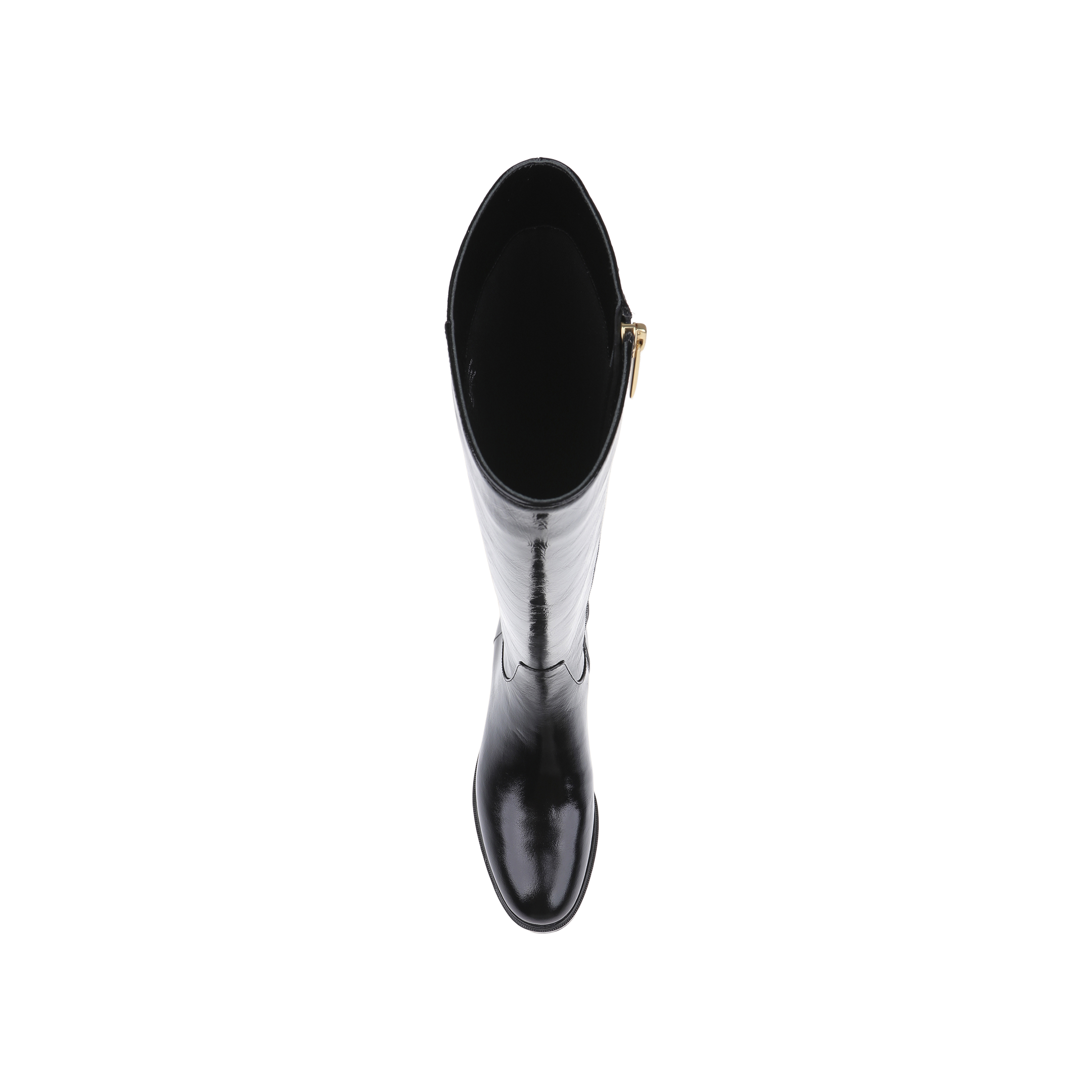 A top view of the Cortland Boot, a black patent leather knee-high style featuring a slightly pointed toe and a gold side zipper, set against a plain white background.