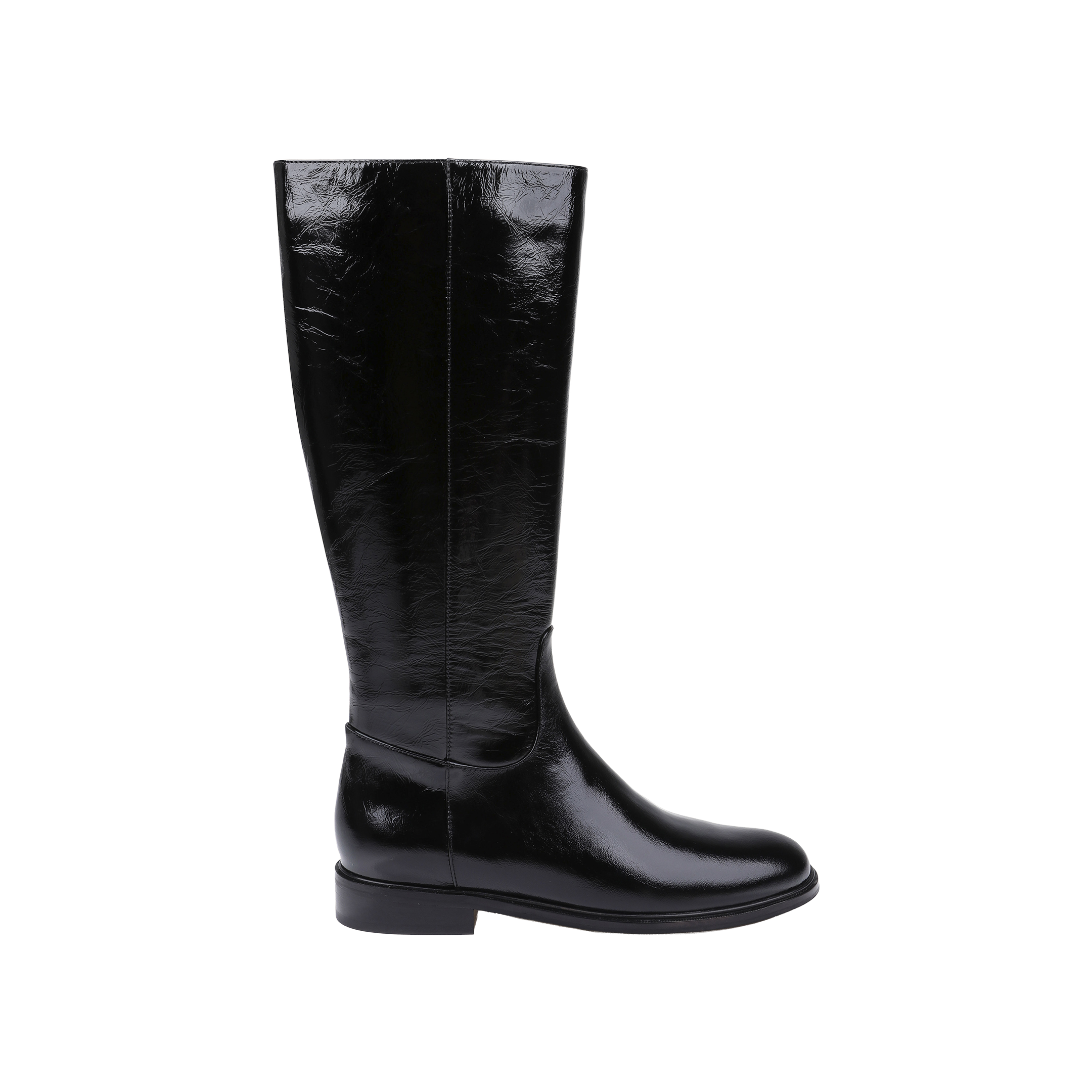 The Cortland Boot—a shiny black patent leather knee-high boot with a low heel—is displayed in profile on a plain white background.