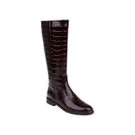 A single Cortland Boot, crafted from shiny, croc-embossed leather in dark brown with a low heel and side zipper, is displayed against a plain white background.