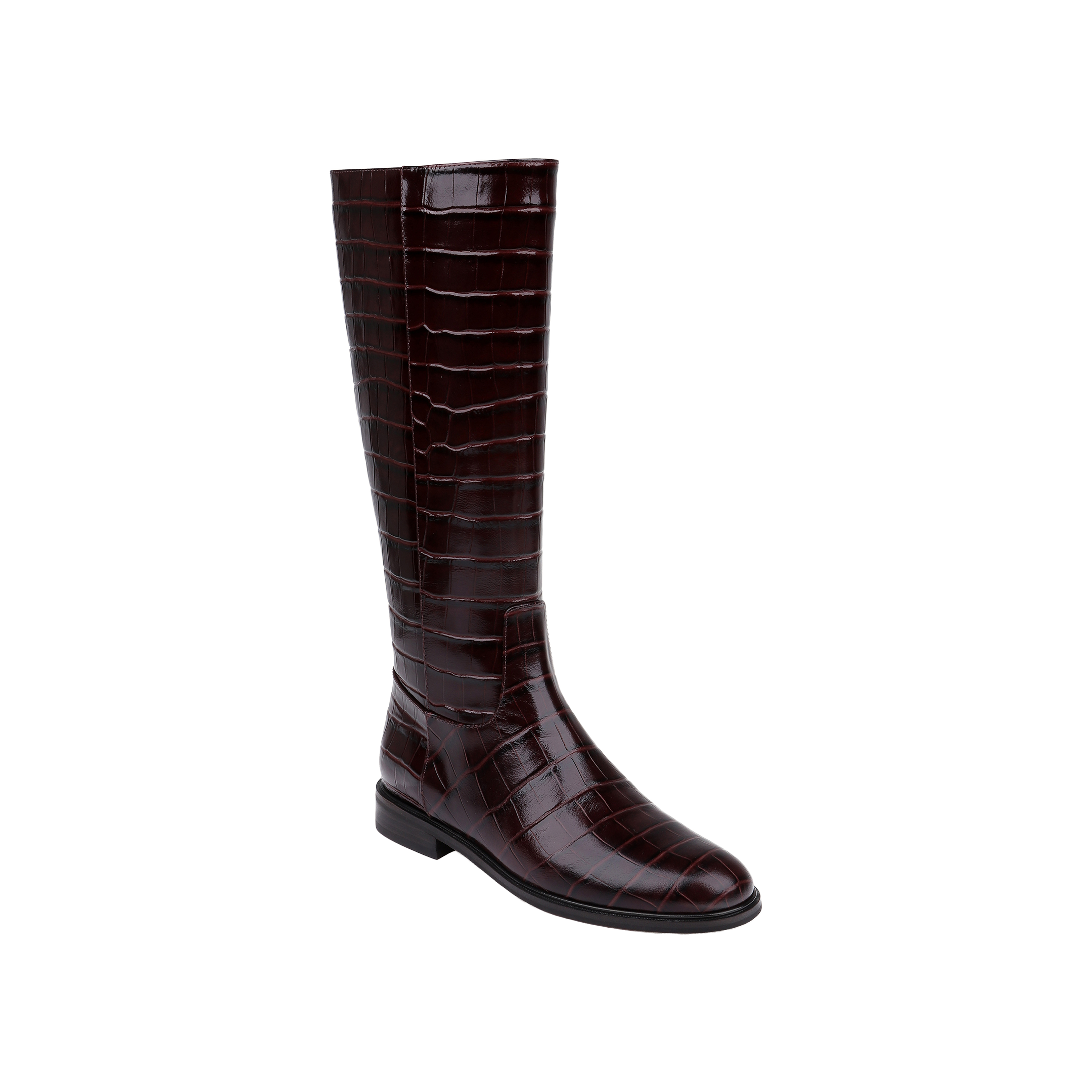 A single Cortland Boot, crafted from shiny, croc-embossed leather in dark brown with a low heel and side zipper, is displayed against a plain white background.