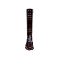 Front view of the Cortland Boot, a tall knee-high boot crafted from dark brown croc-embossed leather with a rounded toe and a gold side zipper, set against a plain white background.