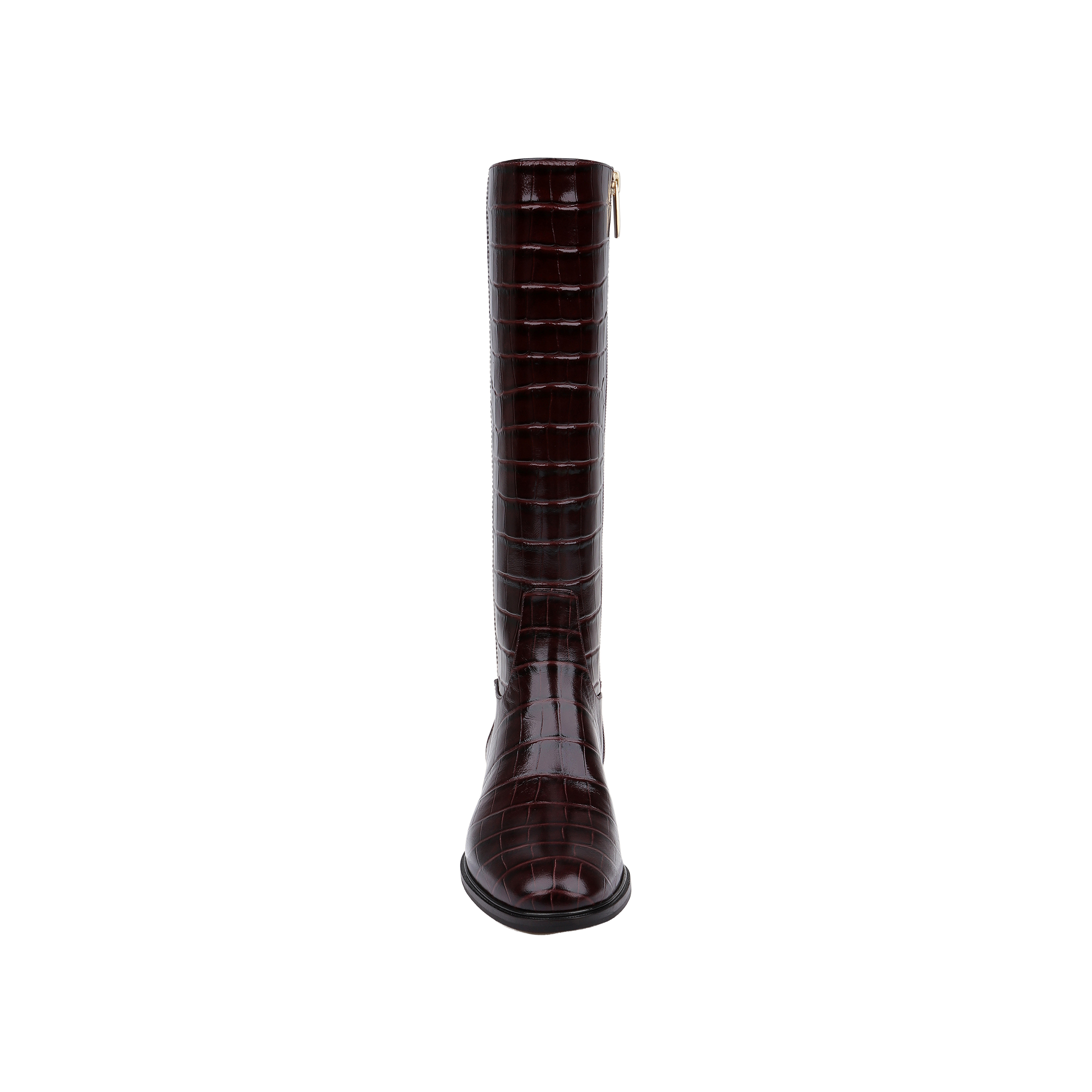 Front view of the Cortland Boot, a tall knee-high boot crafted from dark brown croc-embossed leather with a rounded toe and a gold side zipper, set against a plain white background.