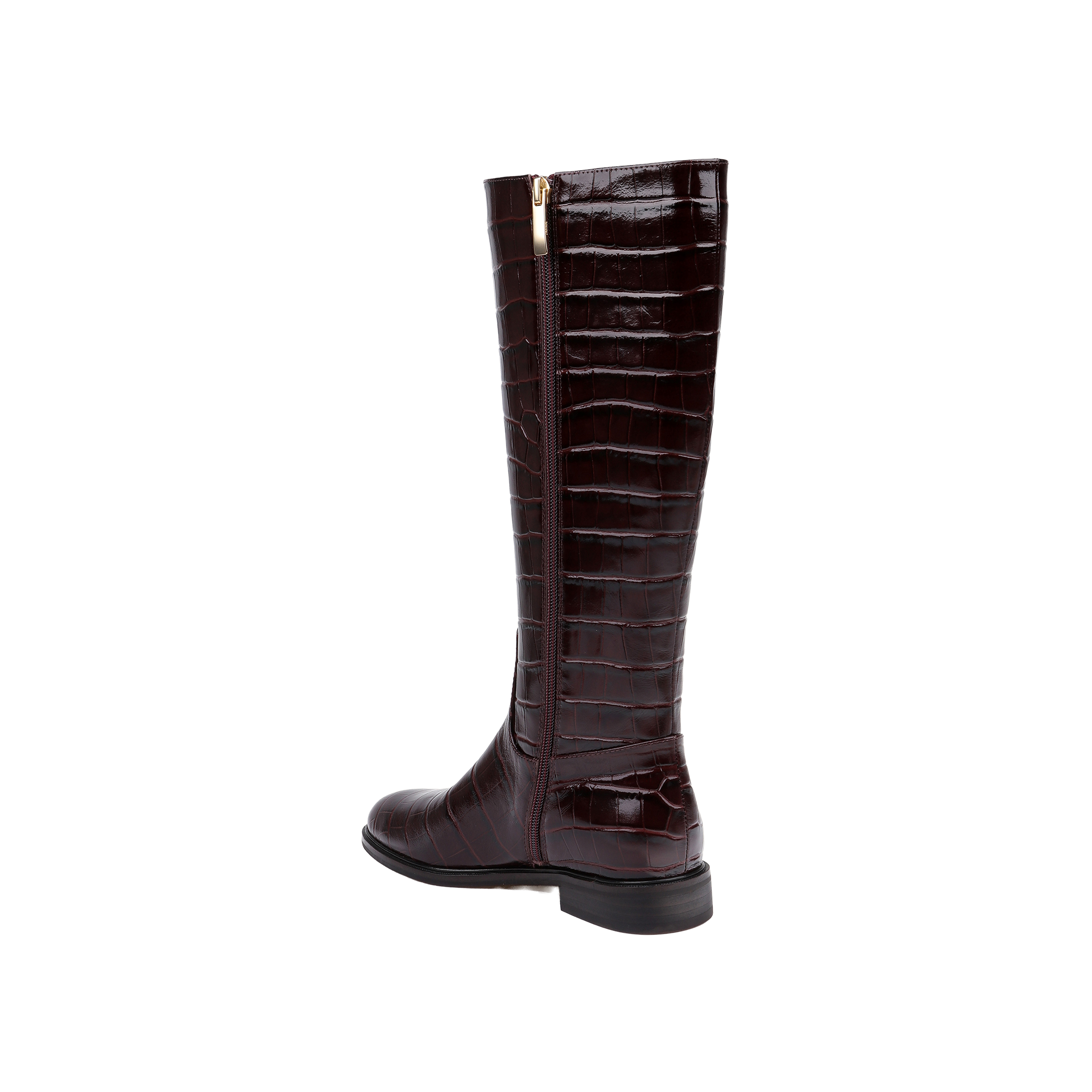 The Cortland Boot is a knee-high design made from dark brown, croc-embossed leather, featuring a low heel and a side zipper, displayed against a plain white background.