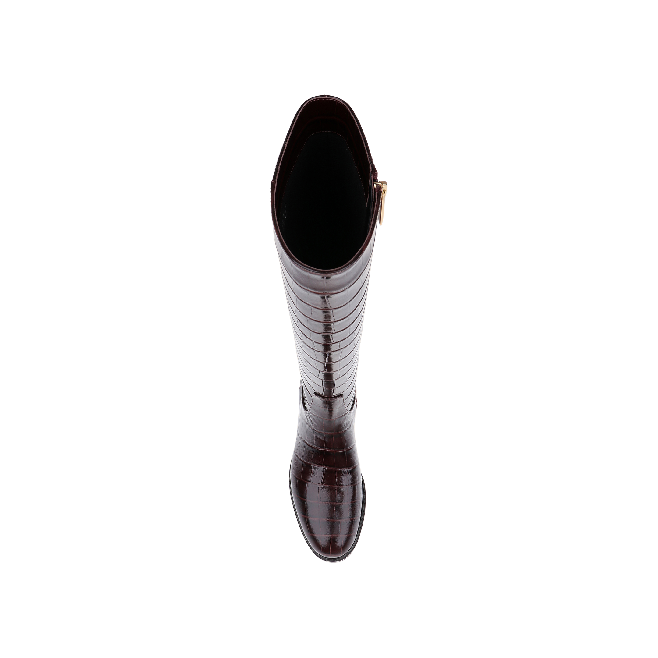 Top view of the Cortland Boot, a tall, dark brown, knee-high boot made from croc-embossed leather with a side zipper, photographed against a plain white background.