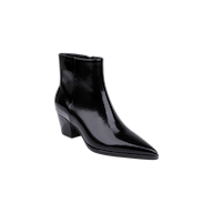 The Vesey Bootie is a black leather bootie with a shiny finish and pointed toe, featuring a bold block heel and displayed against a white background.