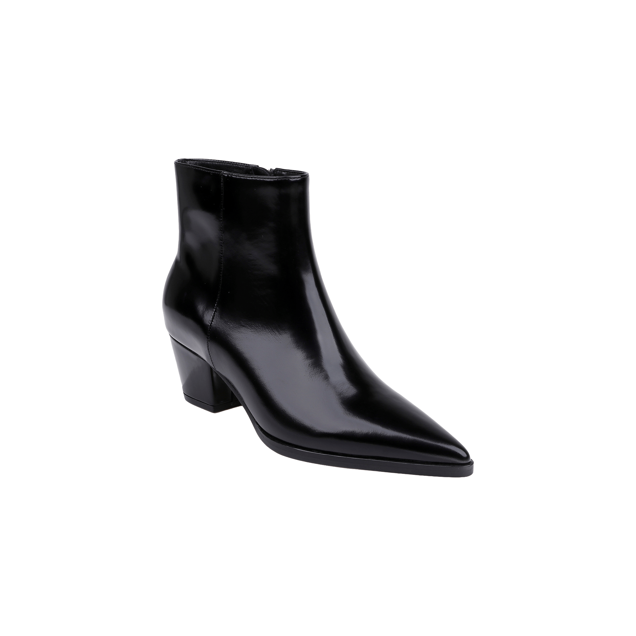 The Vesey Bootie is a black leather bootie with a shiny finish and pointed toe, featuring a bold block heel and displayed against a white background.