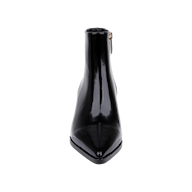 A front view of the Vesey Bootie, crafted from shiny black leather with a pointed toe and side zipper, displayed against a plain white background.