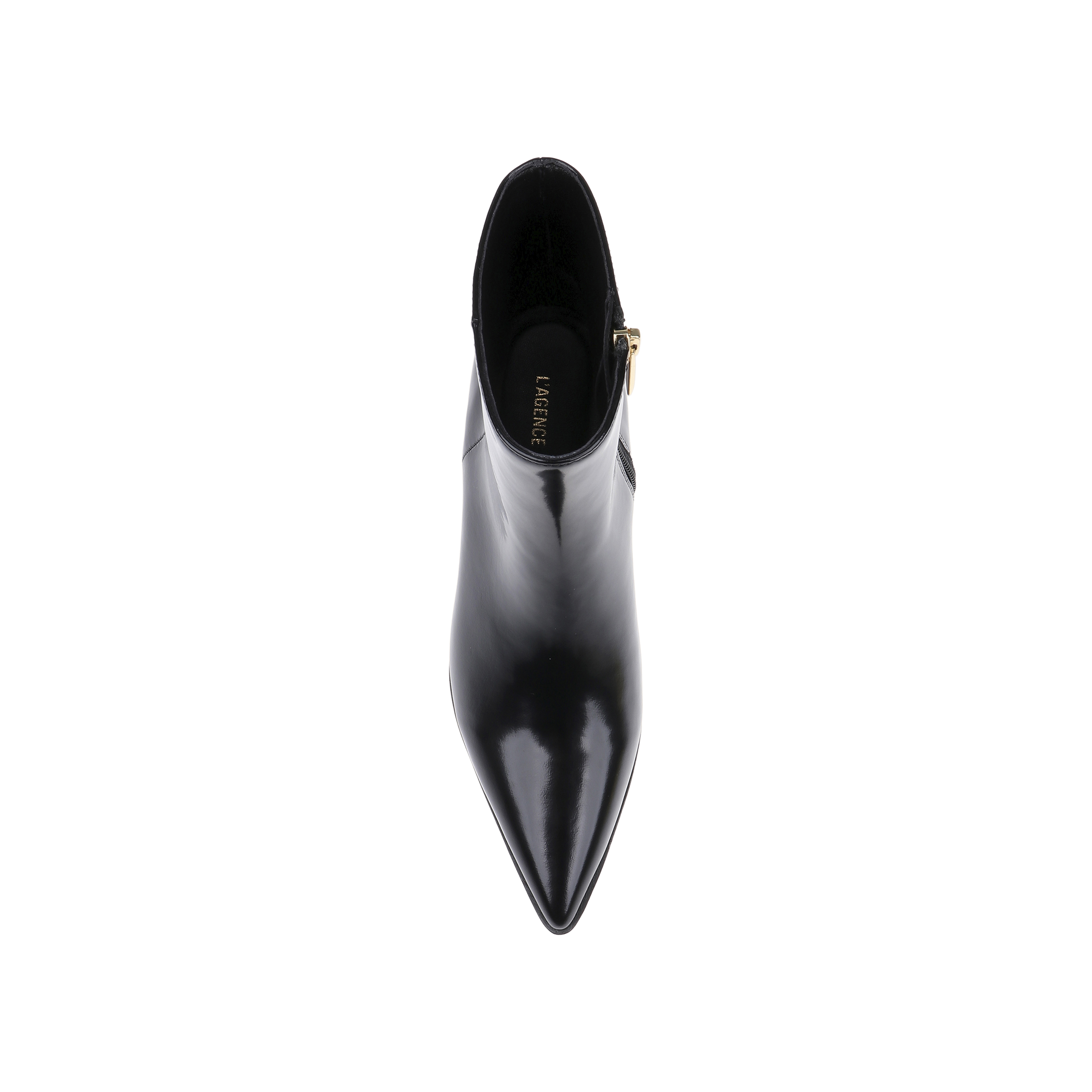 Top view of a single Vesey Bootie in black leather with a shiny, pointed toe and side zipper, featuring the brand name CHARLES  KEITH on the insole, set against a plain white background.