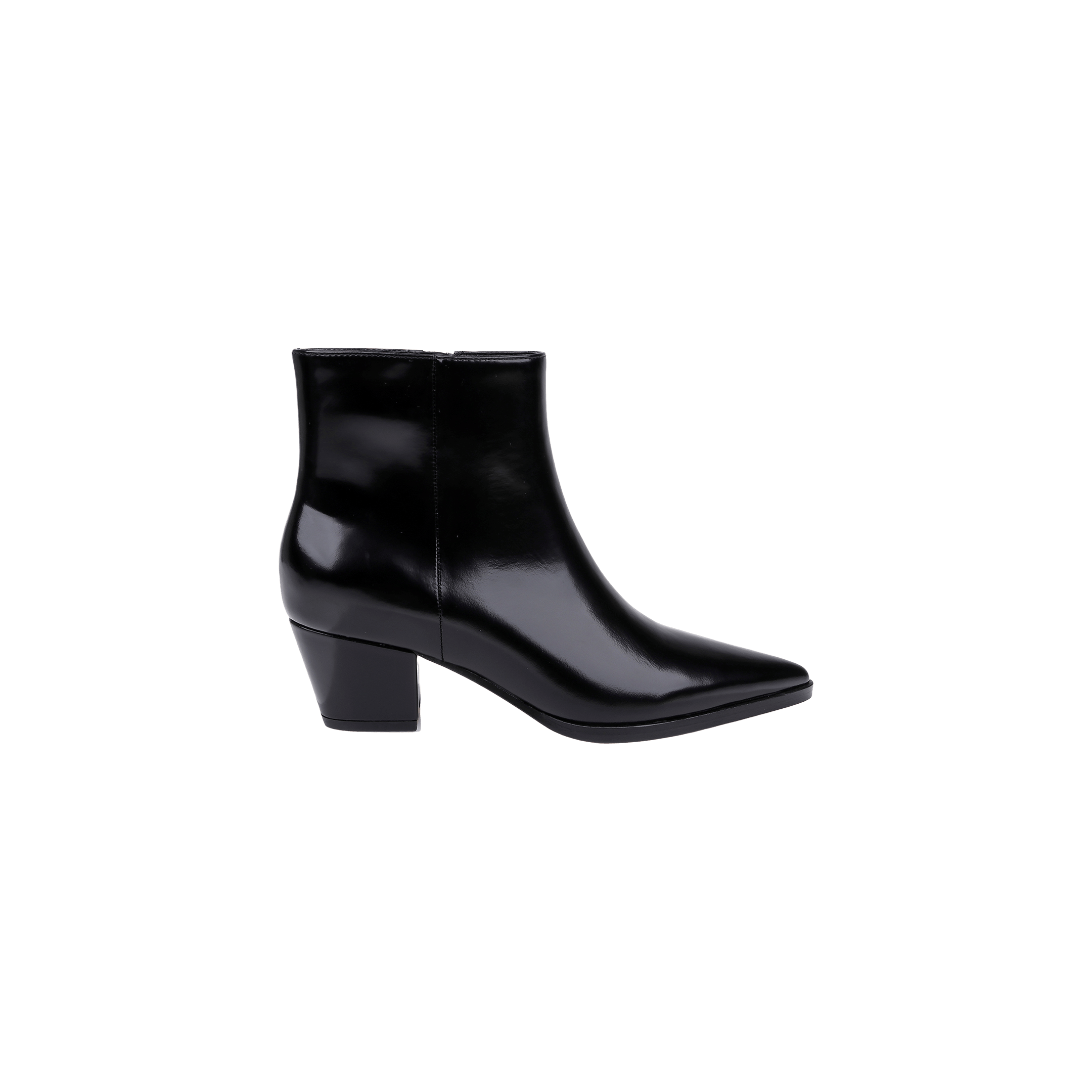 The Vesey Bootie, crafted in black leather with a pointed toe and a chunky mid-height heel, is shown in side profile against a plain white background.