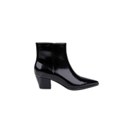 The Vesey Bootie, crafted in black leather with a pointed toe and a chunky mid-height heel, is shown in side profile against a plain white background.