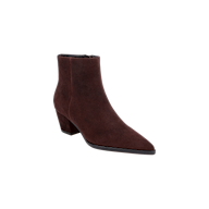 The Vesey Bootie is a mahogany suede ankle boot featuring a pointed toe, block heel, and side zipper. Shown against a plain white background, the Western-inspired bootie is angled to highlight the front and outer side.