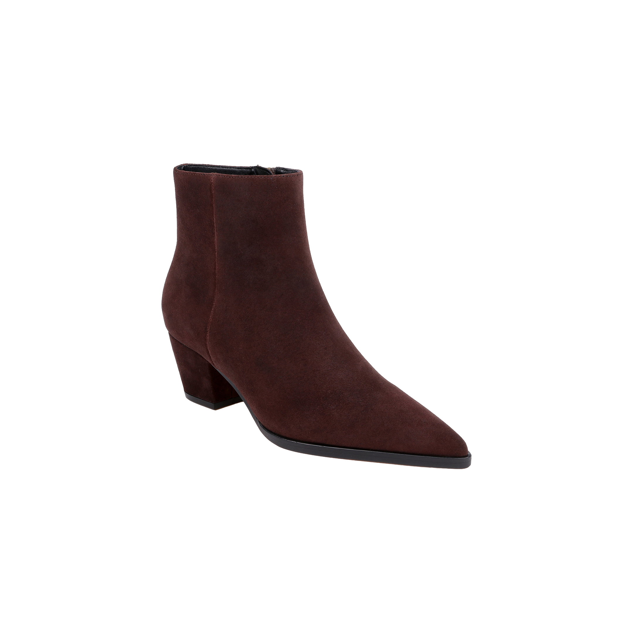 The Vesey Bootie is a mahogany suede ankle boot featuring a pointed toe, block heel, and side zipper. Shown against a plain white background, the Western-inspired bootie is angled to highlight the front and outer side.