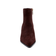 A front view of a single Vesey Bootie in mahogany suede, featuring a pointed toe and a visible side zipper, set against a plain white background.