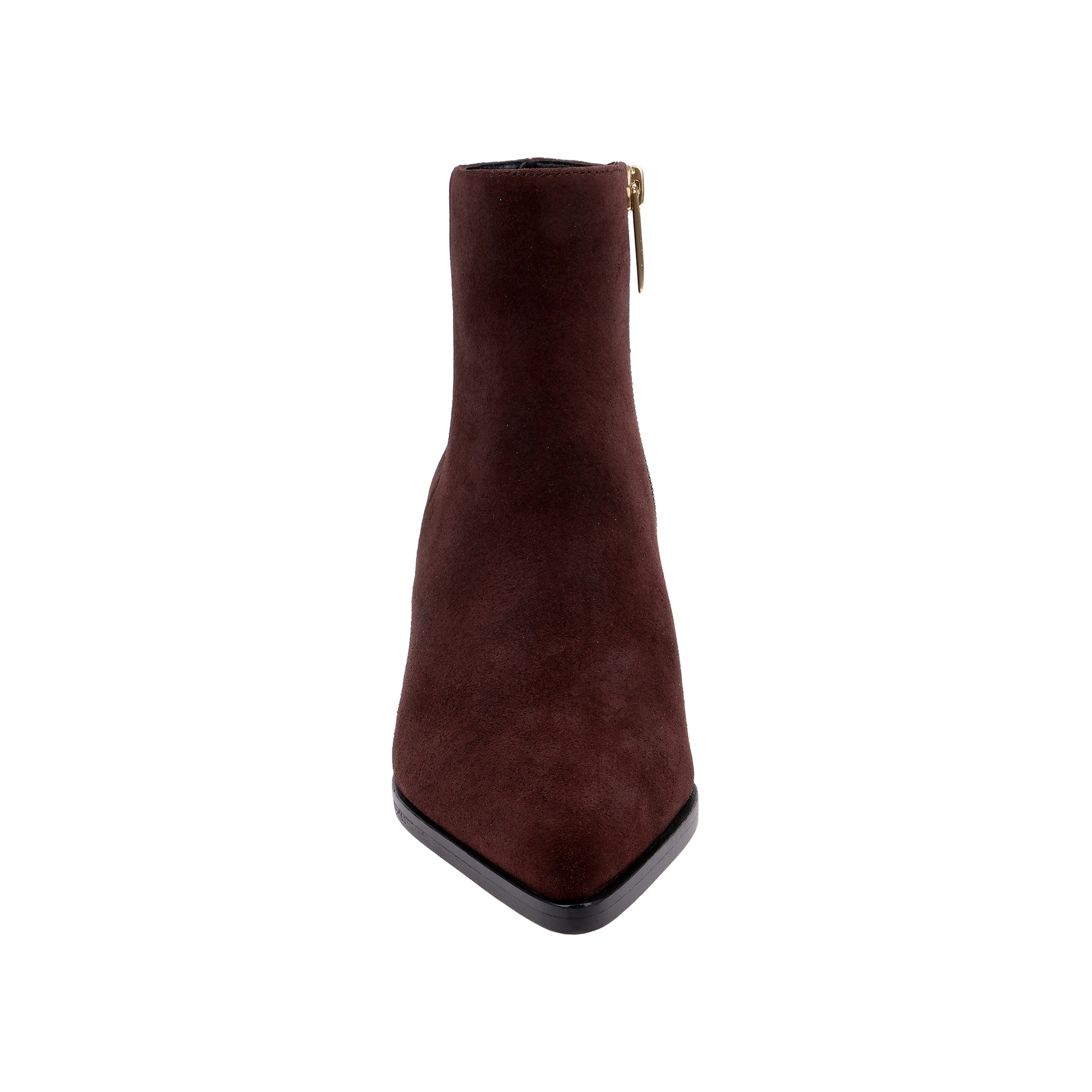 A front view of a single Vesey Bootie in mahogany suede, featuring a pointed toe and a visible side zipper, set against a plain white background.