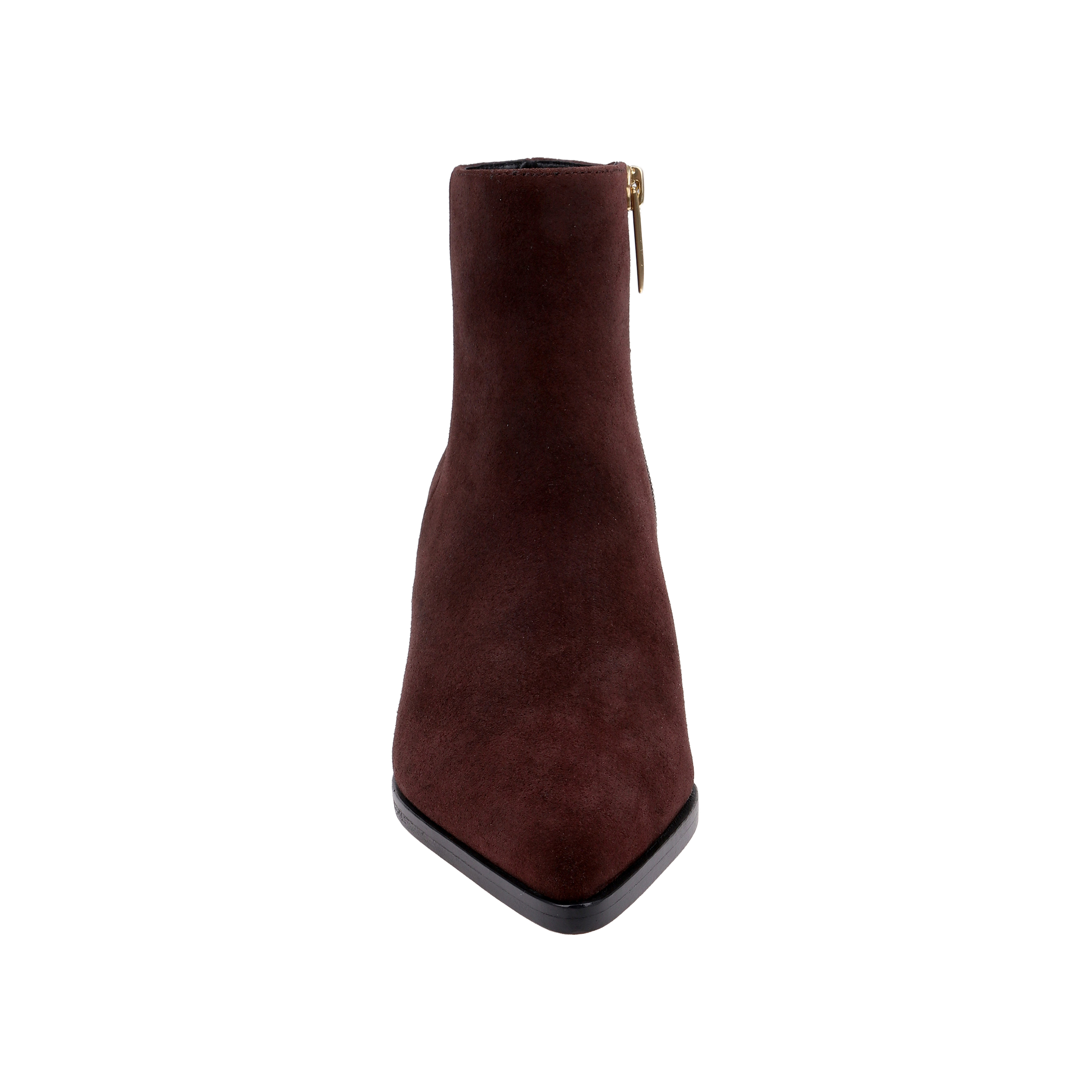 A front view of a single Vesey Bootie in mahogany suede, featuring a pointed toe and a visible side zipper, set against a plain white background.